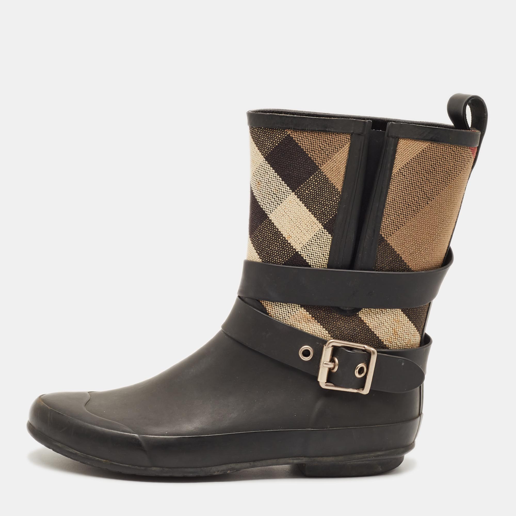 Burberry Check Size 38 Multicolor House Check Canvas and Rubber Rain Boots