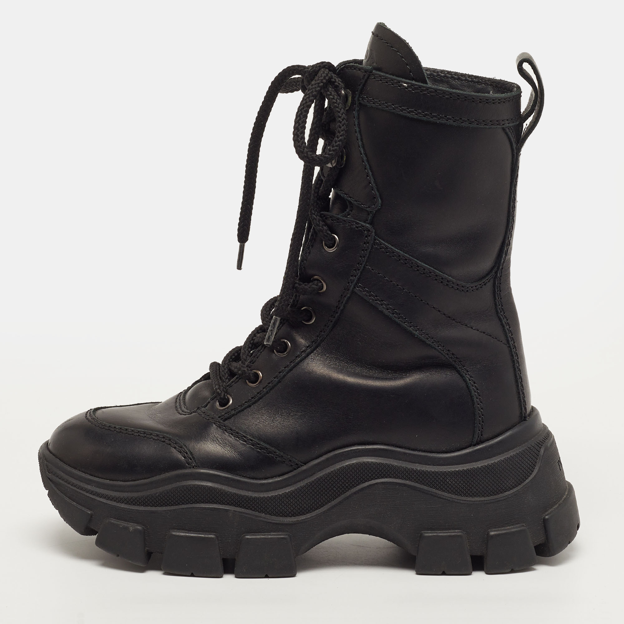 Prada Monolith Size 37.5 Black Leather Ankle Length Boots