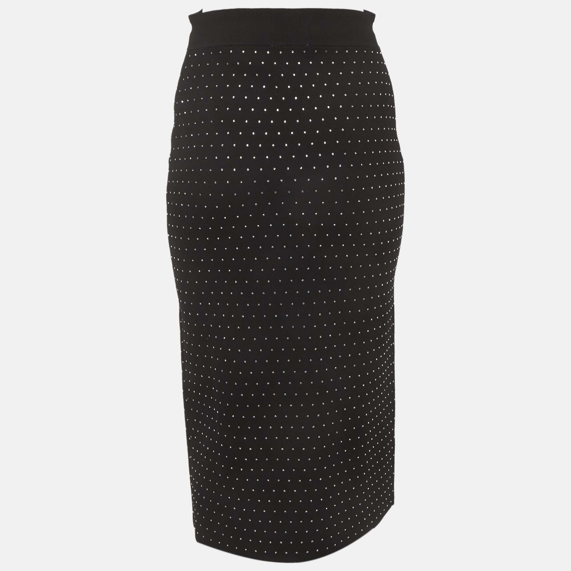 Sandro Black Rhinestone Embellished Synthetic Knit Pencil Skirt S