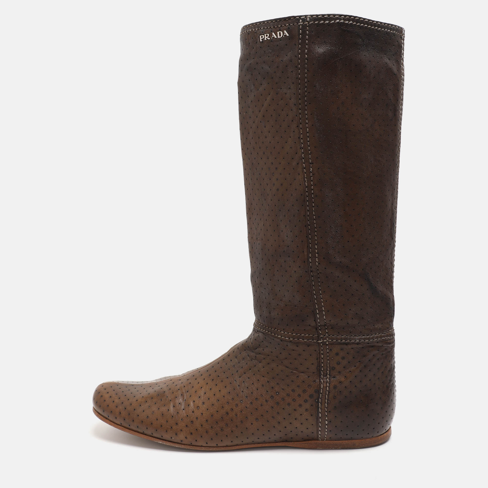 Prada Size 40 Brown Perforated Leather Vintage Mid Calf Boots