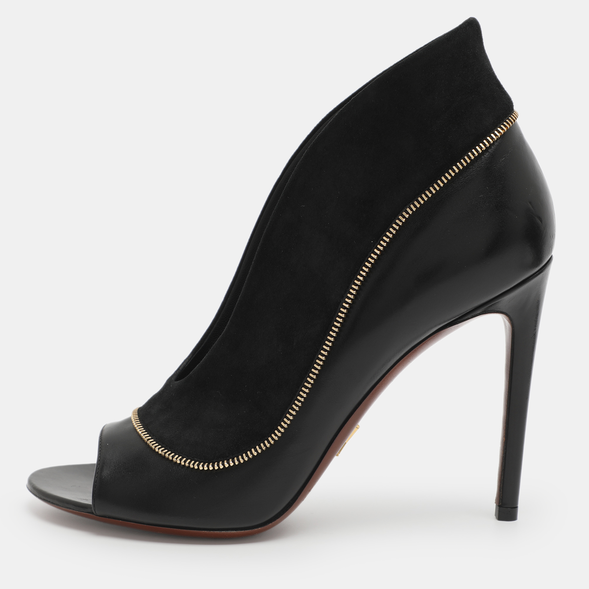 Louis Vuitton Size 38 Black Leather and Suede Zip Detail Open Toe  Booties