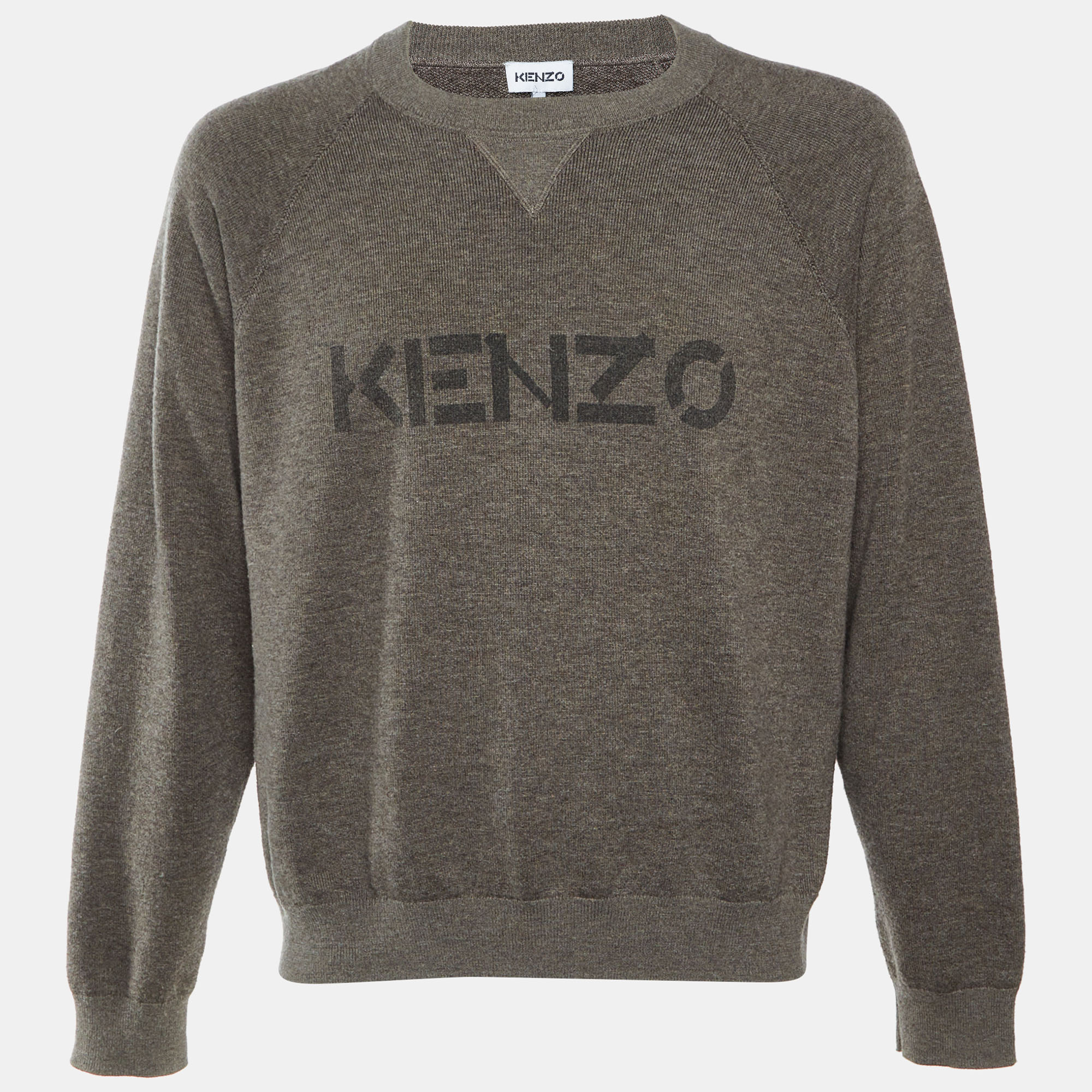 Kenzo Two Tone Logo Wool Knit Crew Neck Sweater M