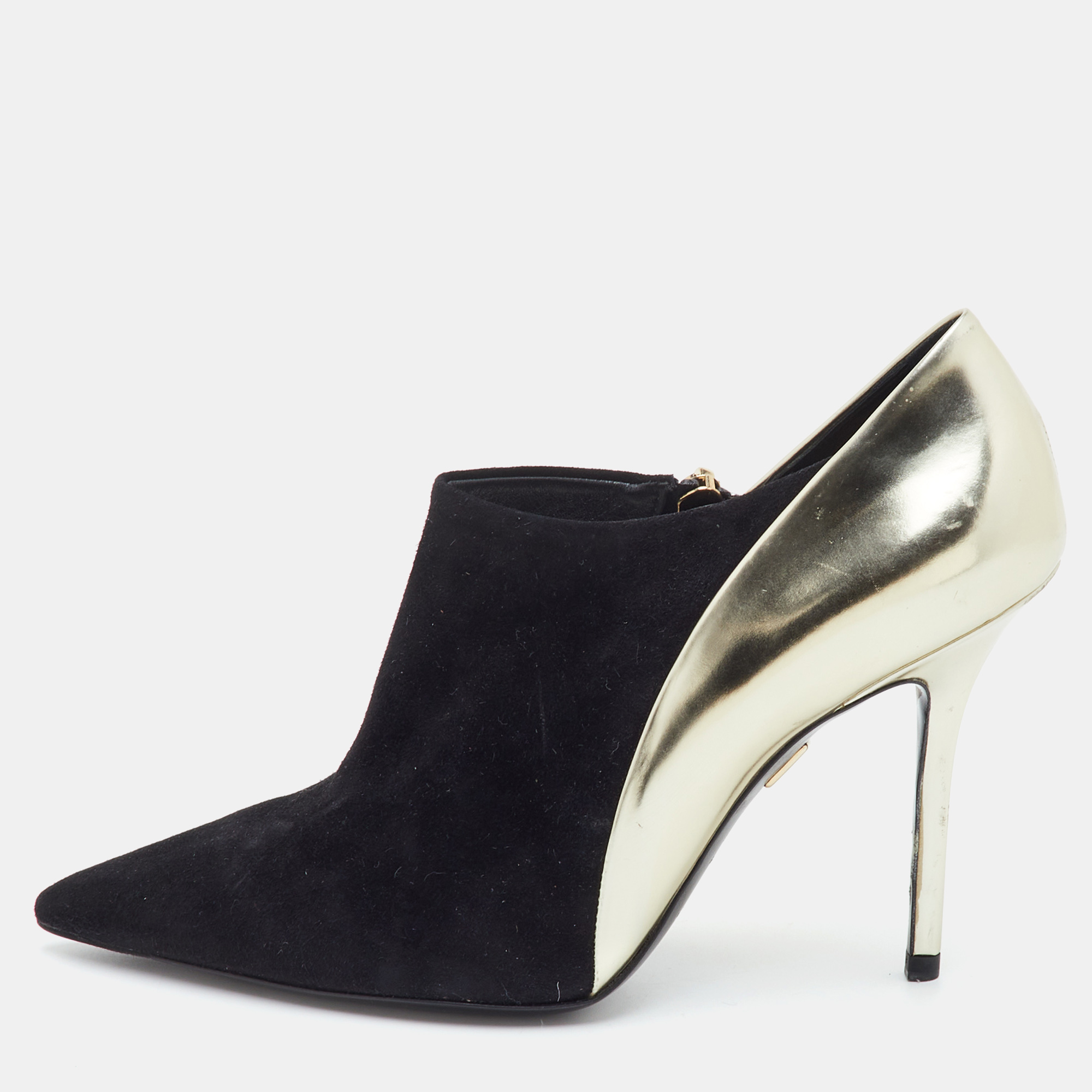 Roger Vivier Size 37.5 Black/Gold Leather and Suede Pointed Toe Booties