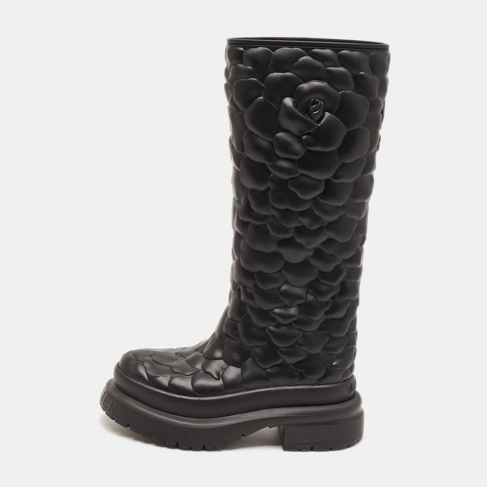 Valentino Rose Atelier Size 39 Black Rubber Knee Length Boots