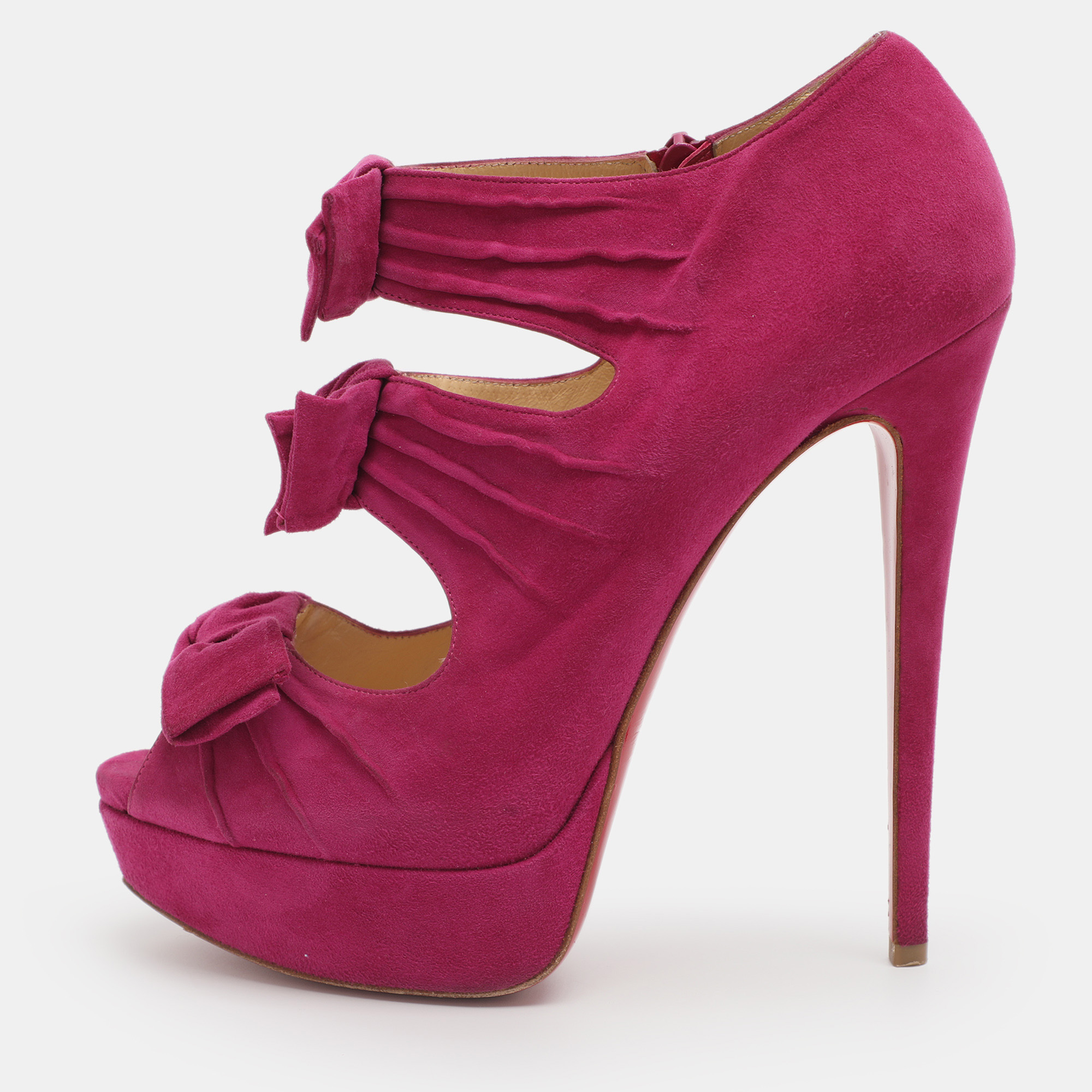 Christian Louboutin Knotted Bow Size 38.5 Fuchsia Suede Peep Toe Pumps