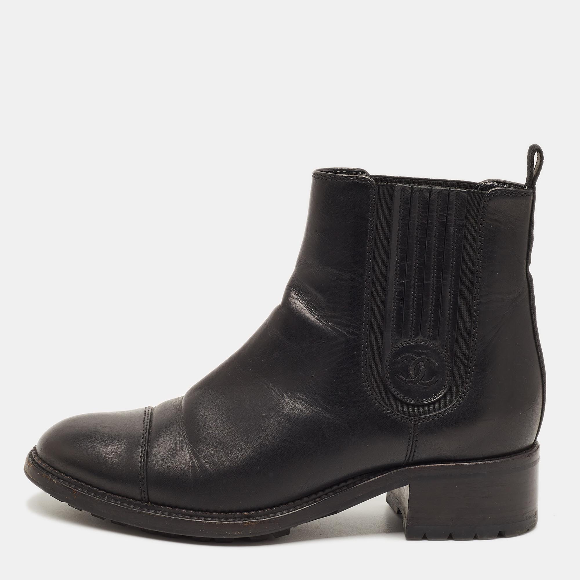 Chanel Size 39.5 Black Leather Combat Boots
