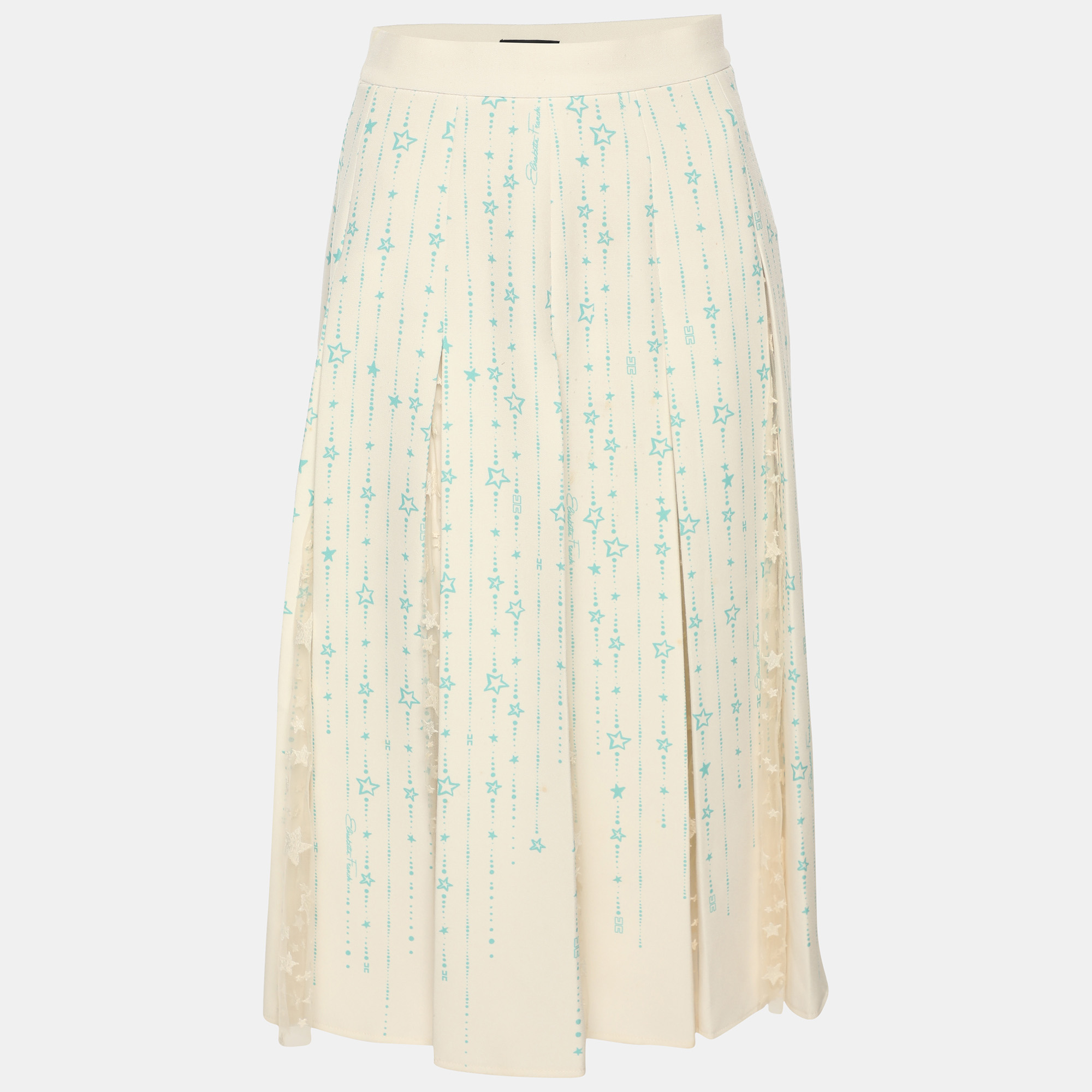 Elisabetta Franchi Cream/Green Stretch Crepe and Lace Star Print Pleated Midi Skirt M