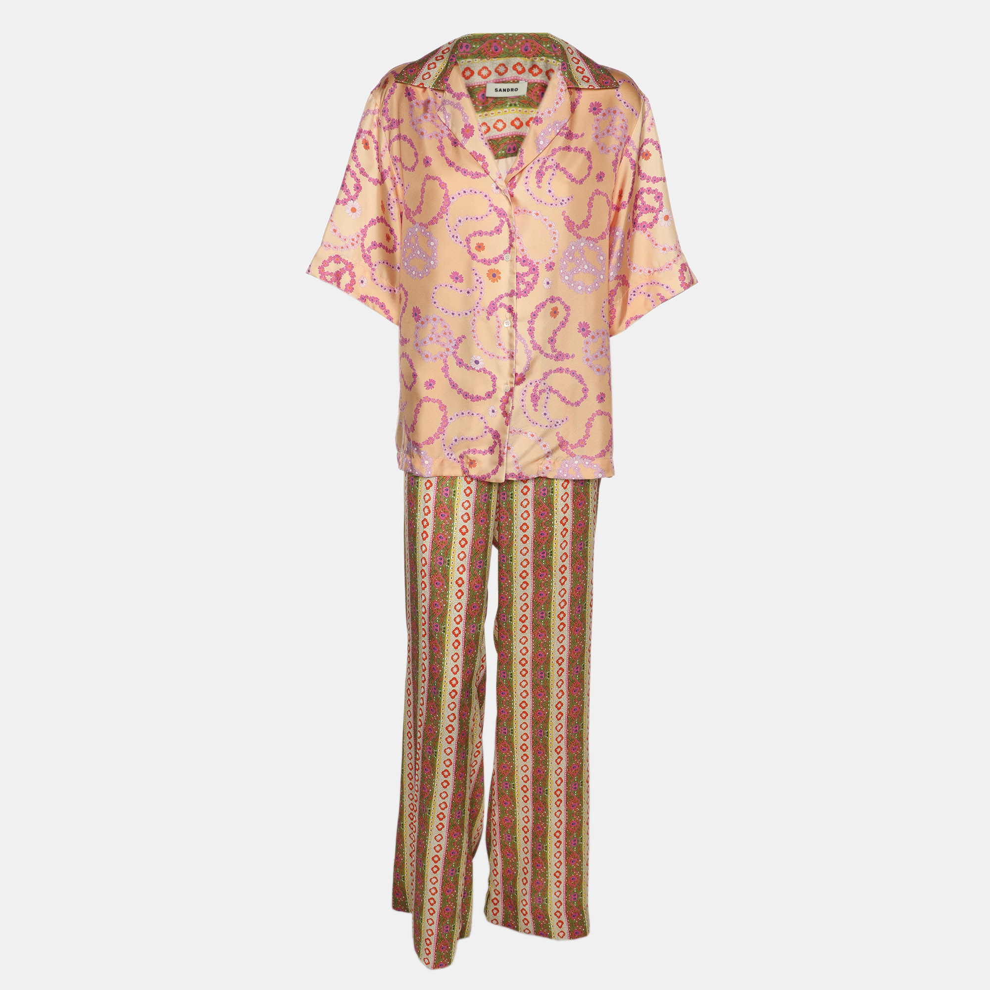 Sandro Multicolor Printed Satin Kimi Blouse and Pants Set M
