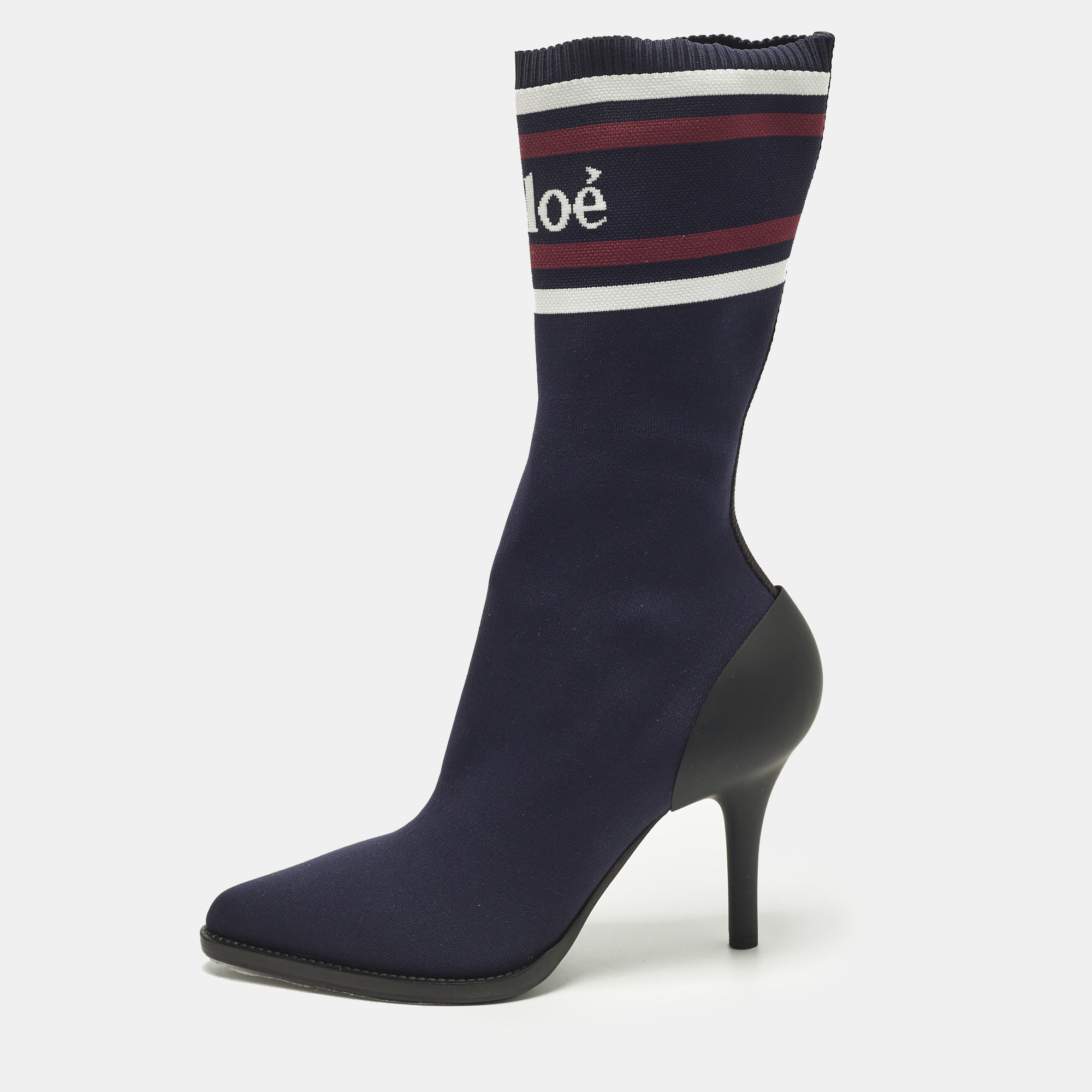 Chloe Tracey Size 40 Navy Blue Knit Fabric and Rubber Sucks Boots