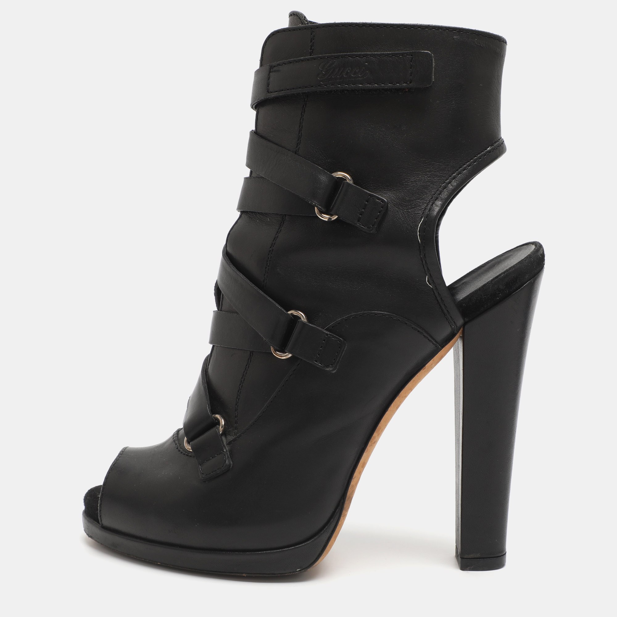 Gucci Cutout Size 36 Black Leather Peep Toe Booties