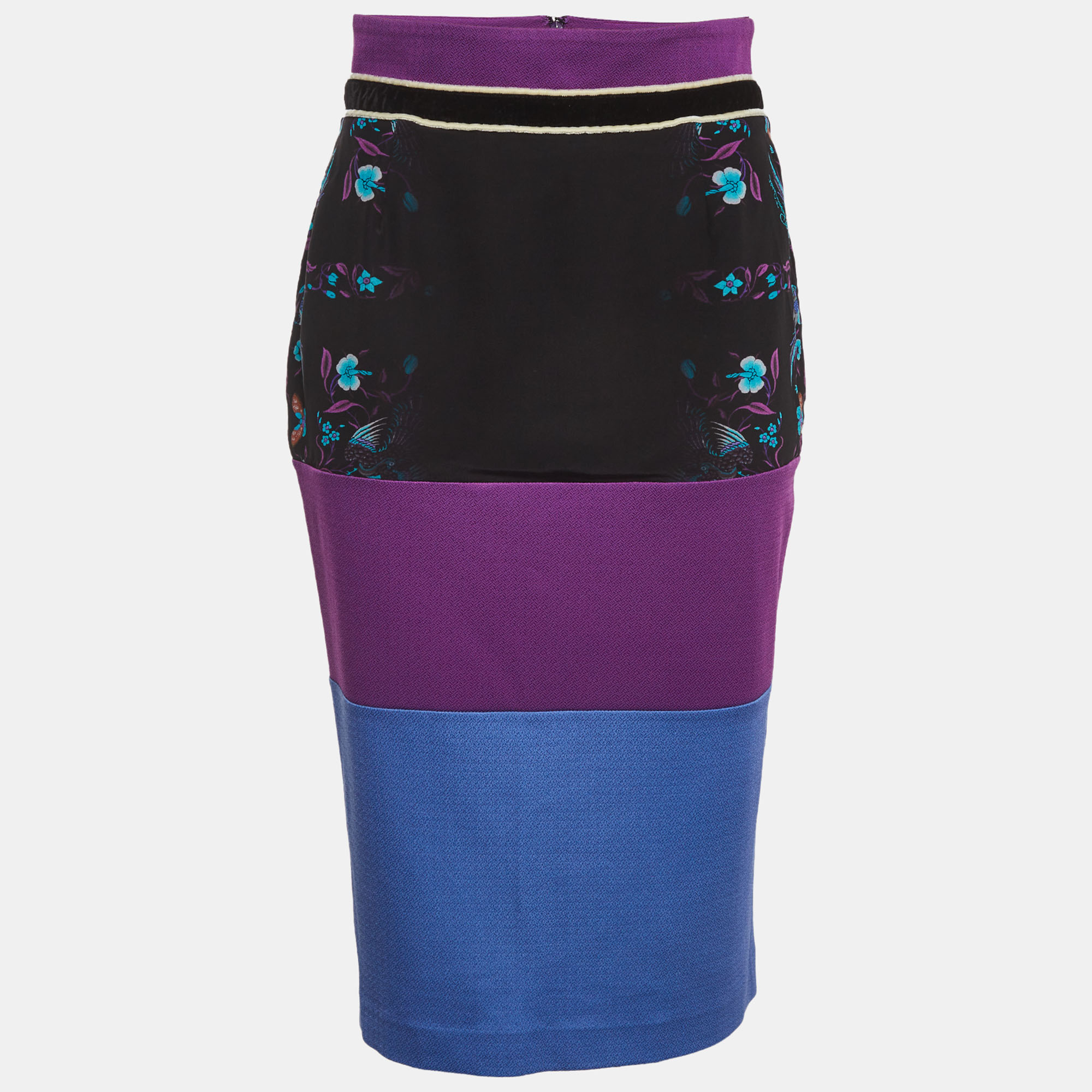Class by Roberto Cavalli Multicolour Floral Print Jersey and Crepe Knee Length Skirt M