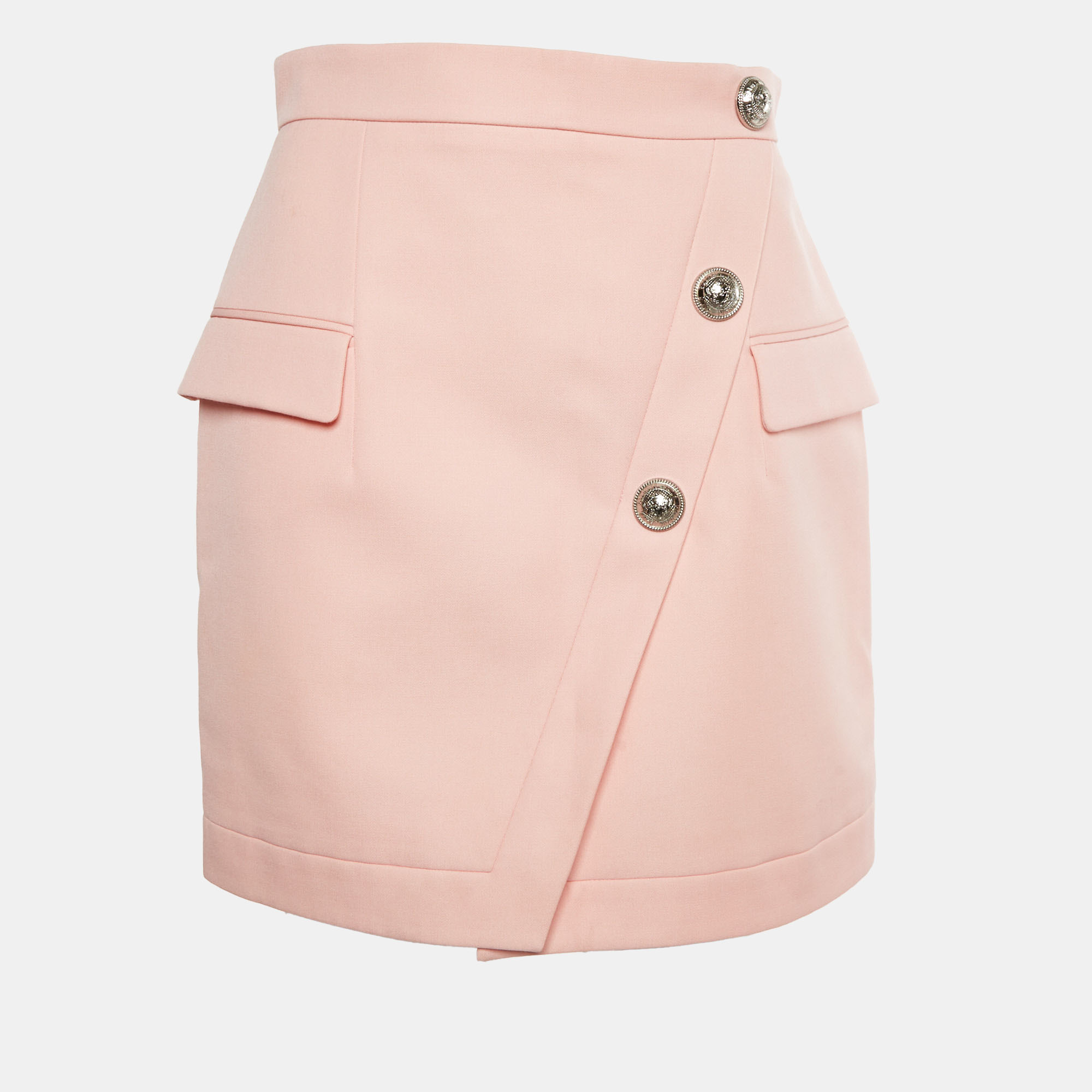 Balmain Light Pink Gabardine Asymmetric Mini Skirt M