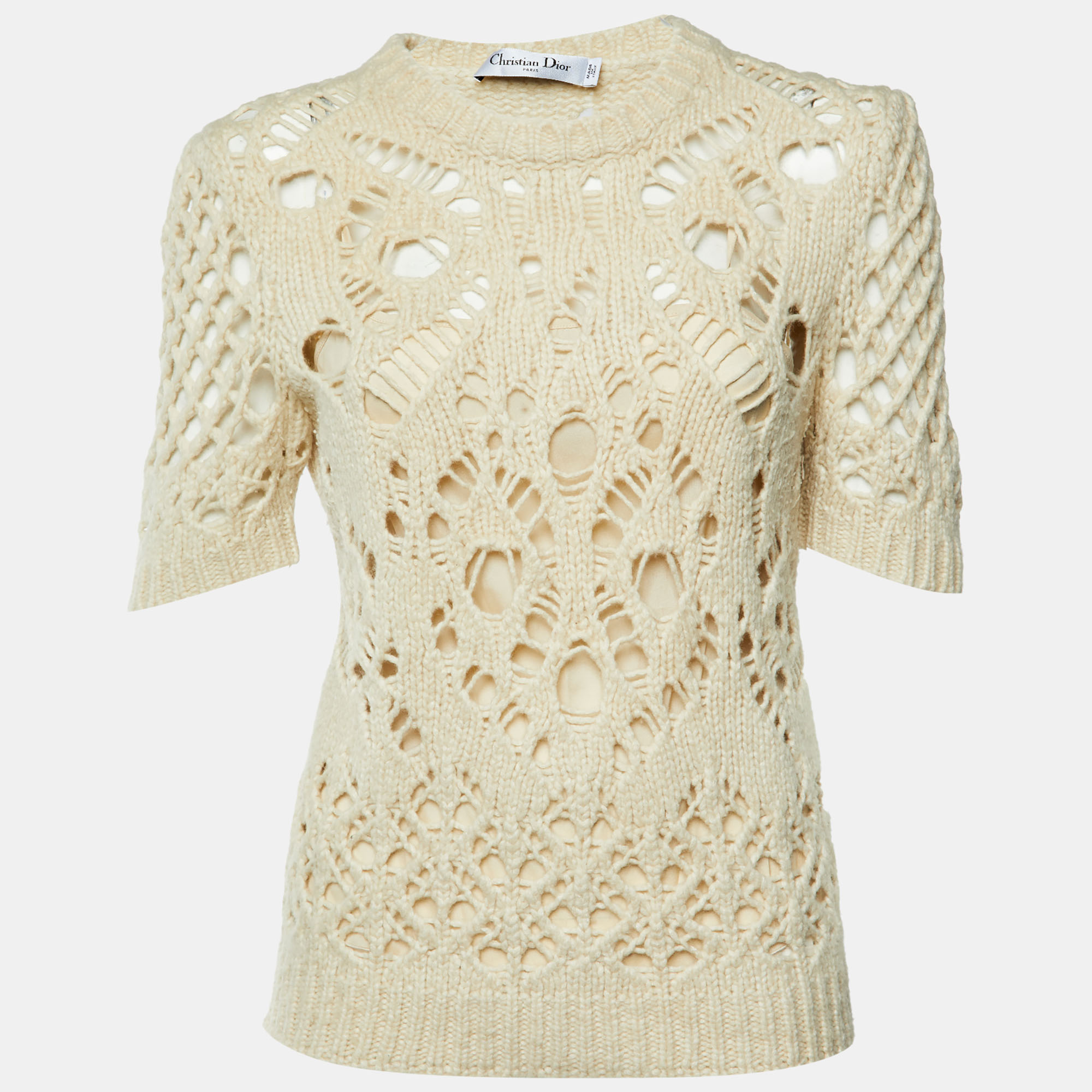 Dior Cream Wool Open Knit Crew Neck Sweater M