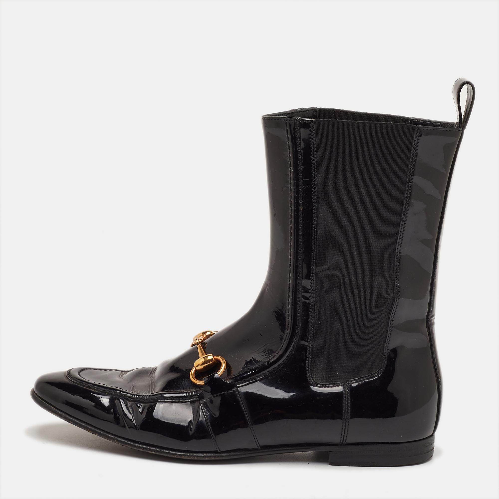 Gucci Horsebit Size 36 Black Patent Leather Ankle Length Boots