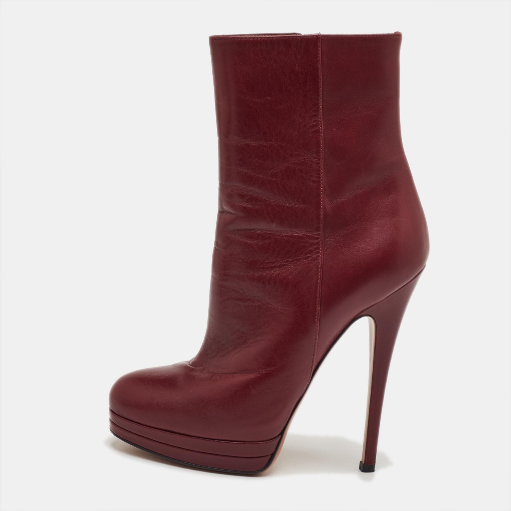 Casadei Size 36 Burgundy Leather Platform Ankle Length Boots