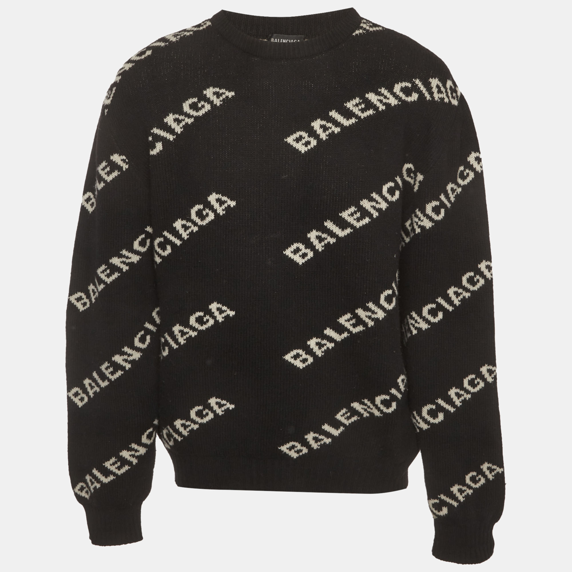 Balenciaga Black Logo All Over Wool Knit Sweater XL