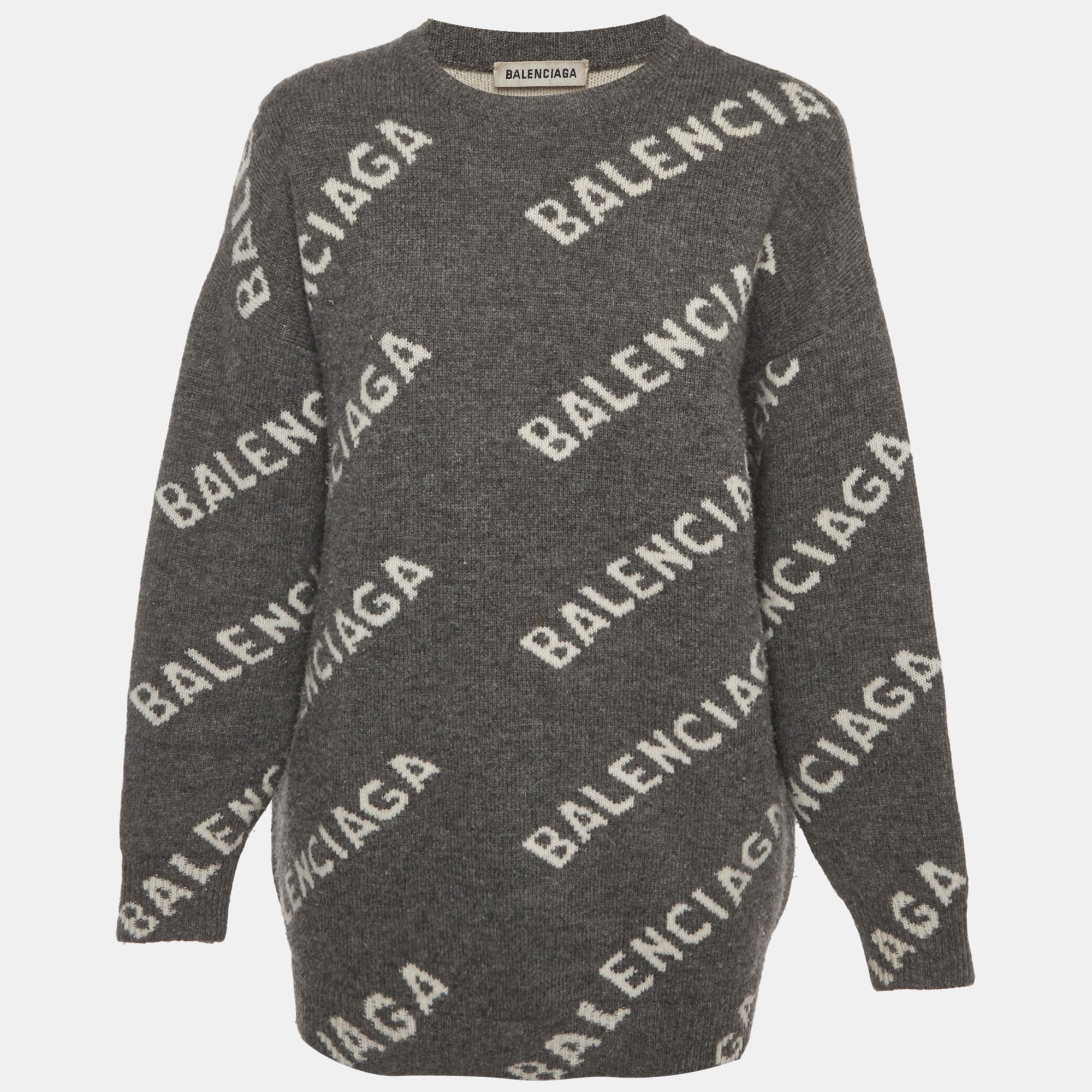 Balenciaga Grey Logo Overall Wool Knit Sweater S