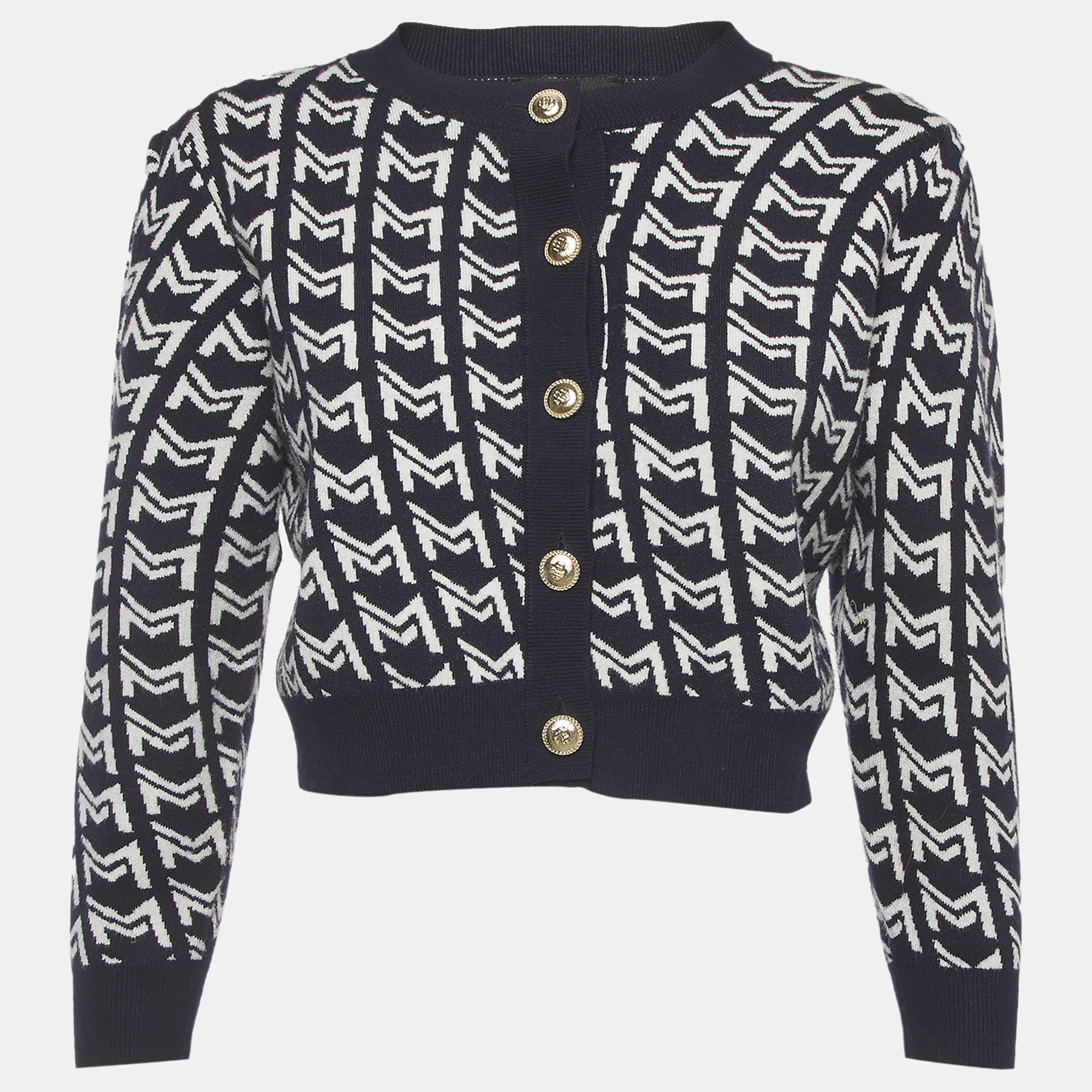 Maje Blue Monogram Stretch Knit Crop Cardigan S