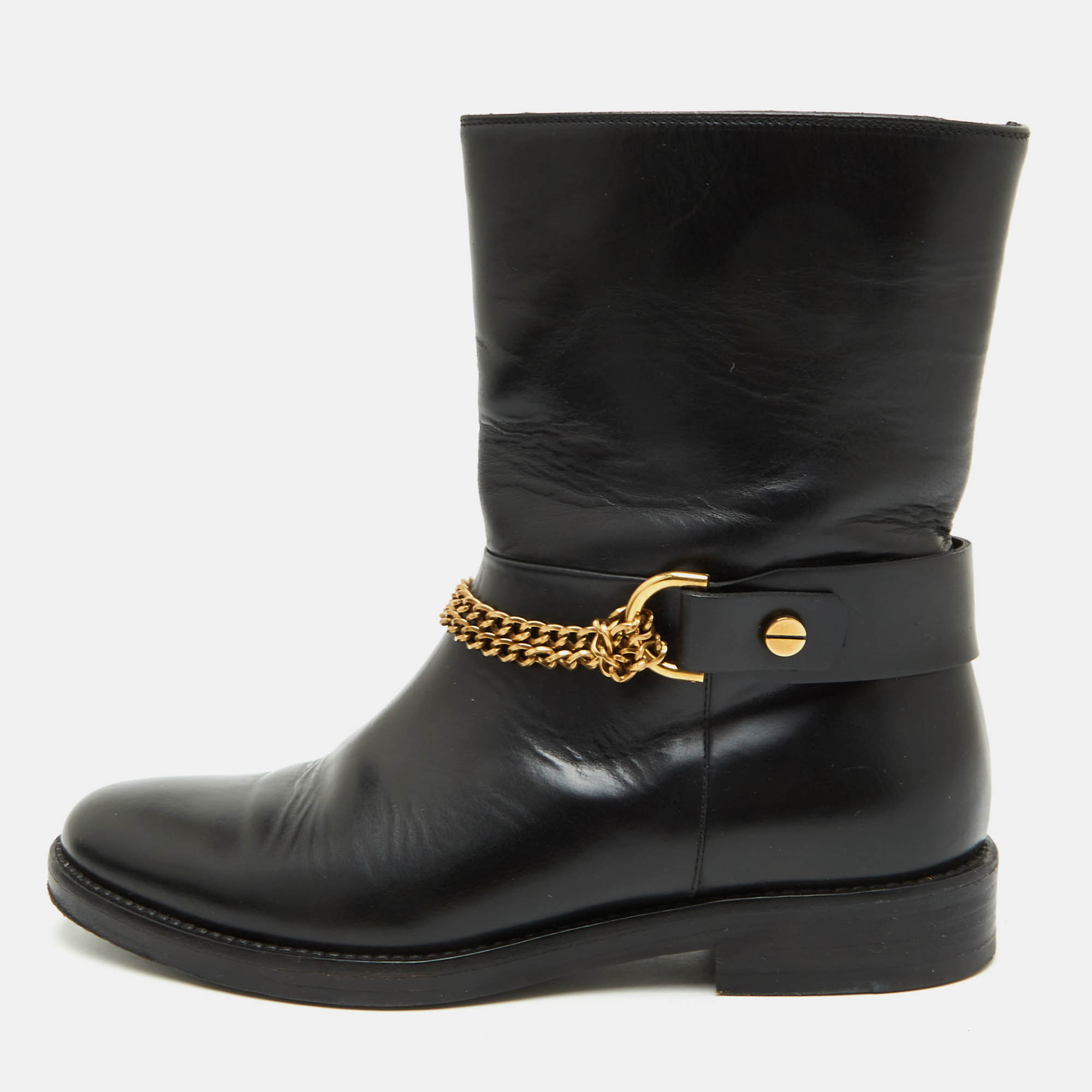 Lanvin Size 38 Black Leather Chain Link Ankle Length Boots