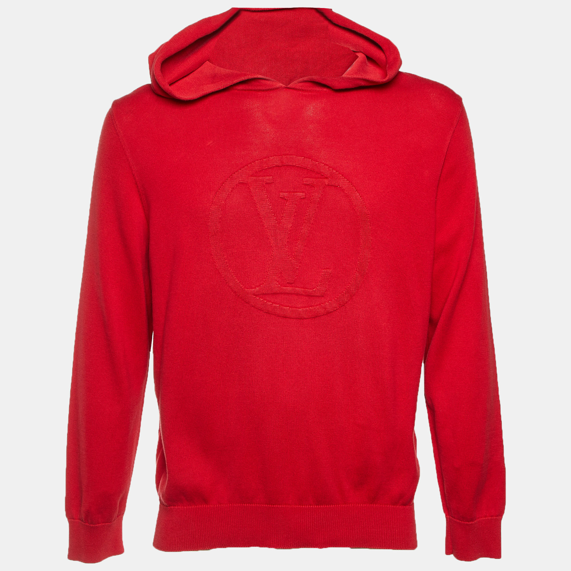 Louis Vuitton Red Logo Cotton & Silk Knit Hooded Jumper M
