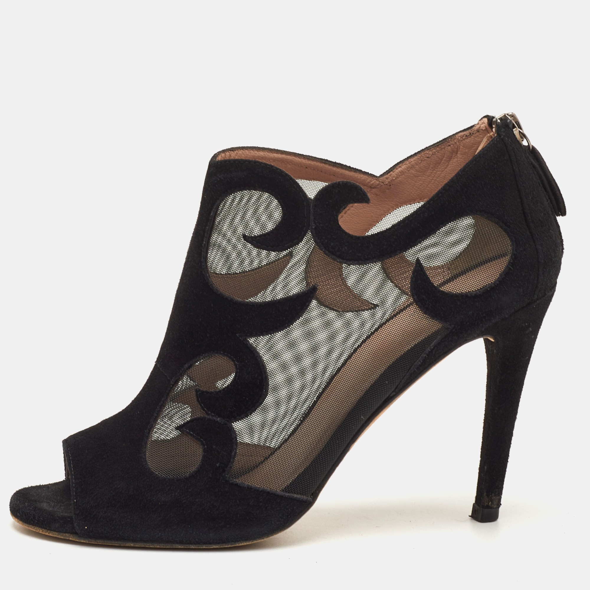 Stuart Weitzman Size 37 Black Suede and Mesh Open Toe Ankle Booties