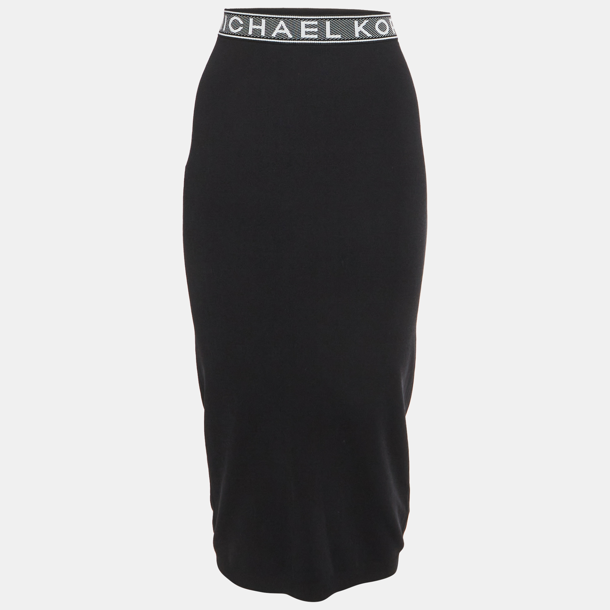 MICHAEL Michael Kors Black Logo Tape Stretch Knit Midi Skirt M