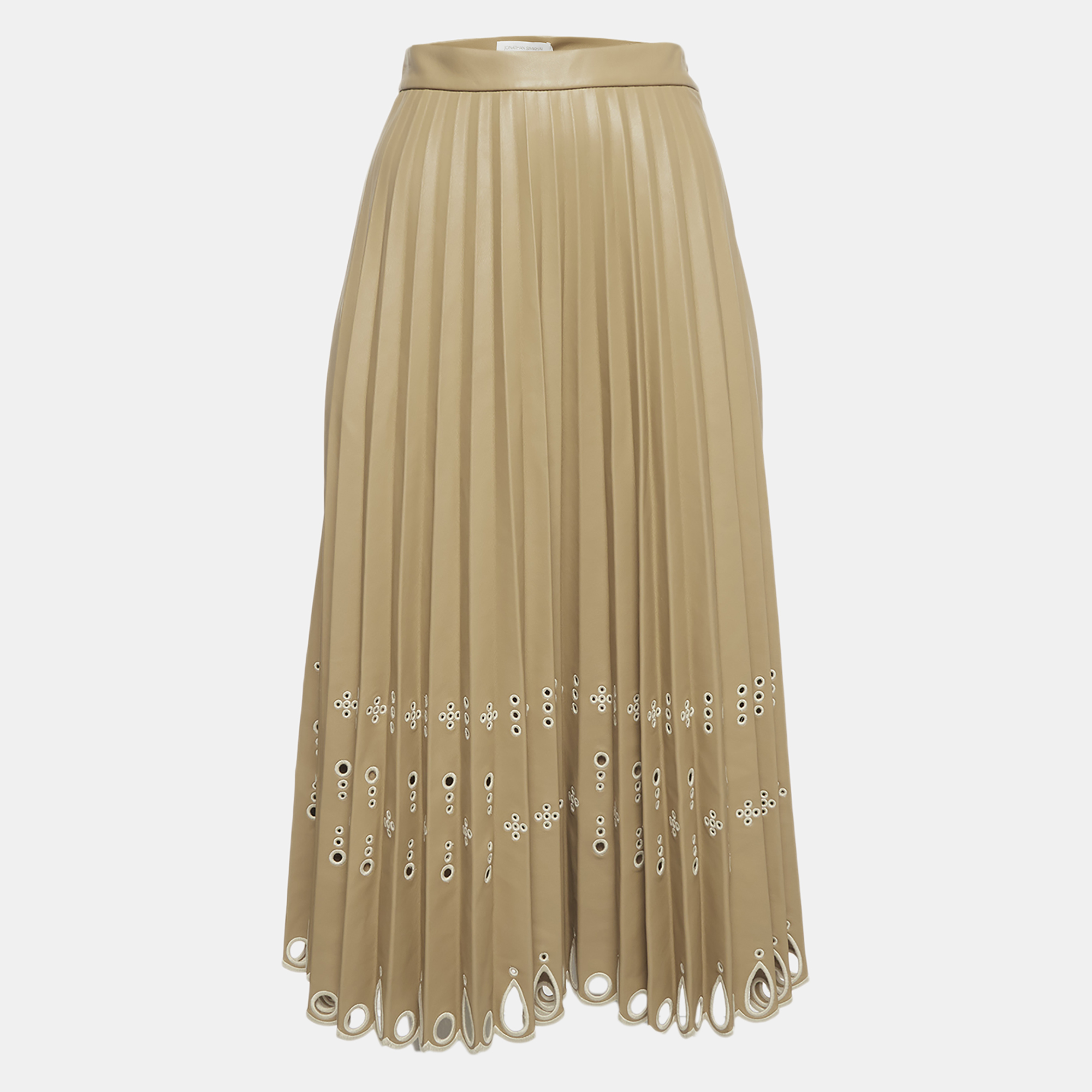 Jonathan Simkhai Beige Leather Pleated Laser-Cut Harden Midi Skirt M
