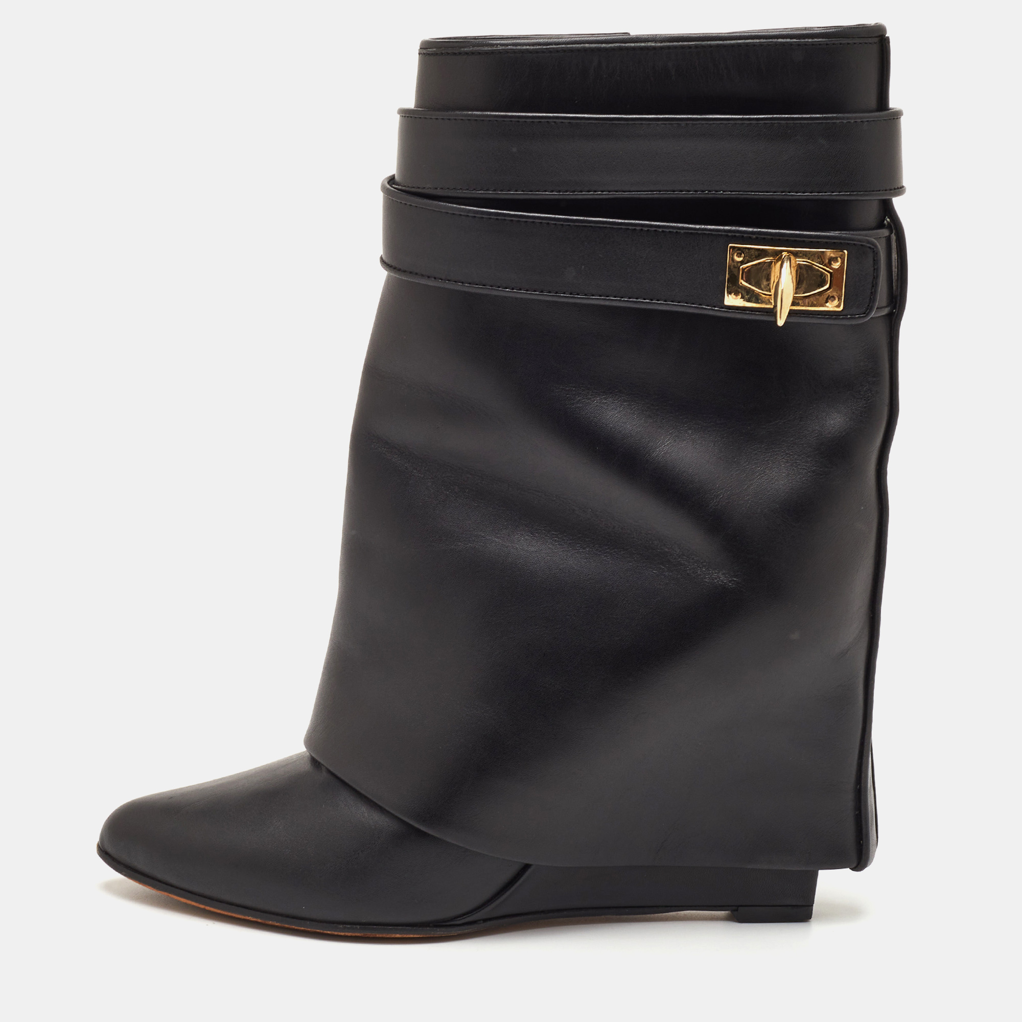 Givenchy Shark Lock Size 37.5 Black Leather Wedge Ankle Length Boots