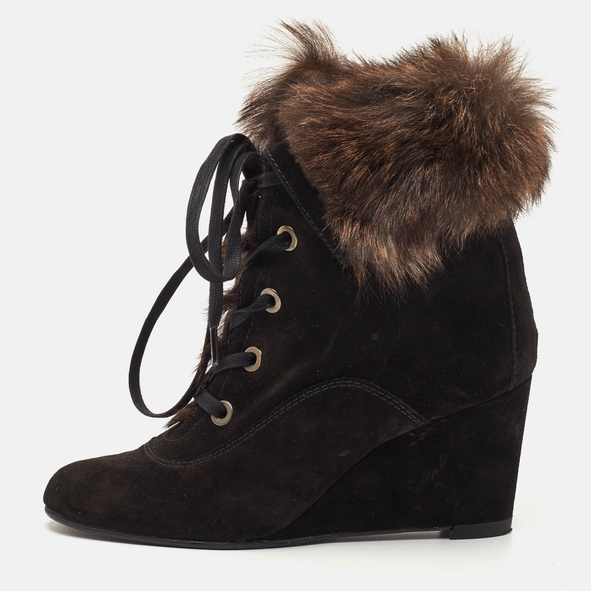 Stuart Weitzman Size 37.5 Black/Dark Brown Fur and Suede Lace Up Wedge Booties