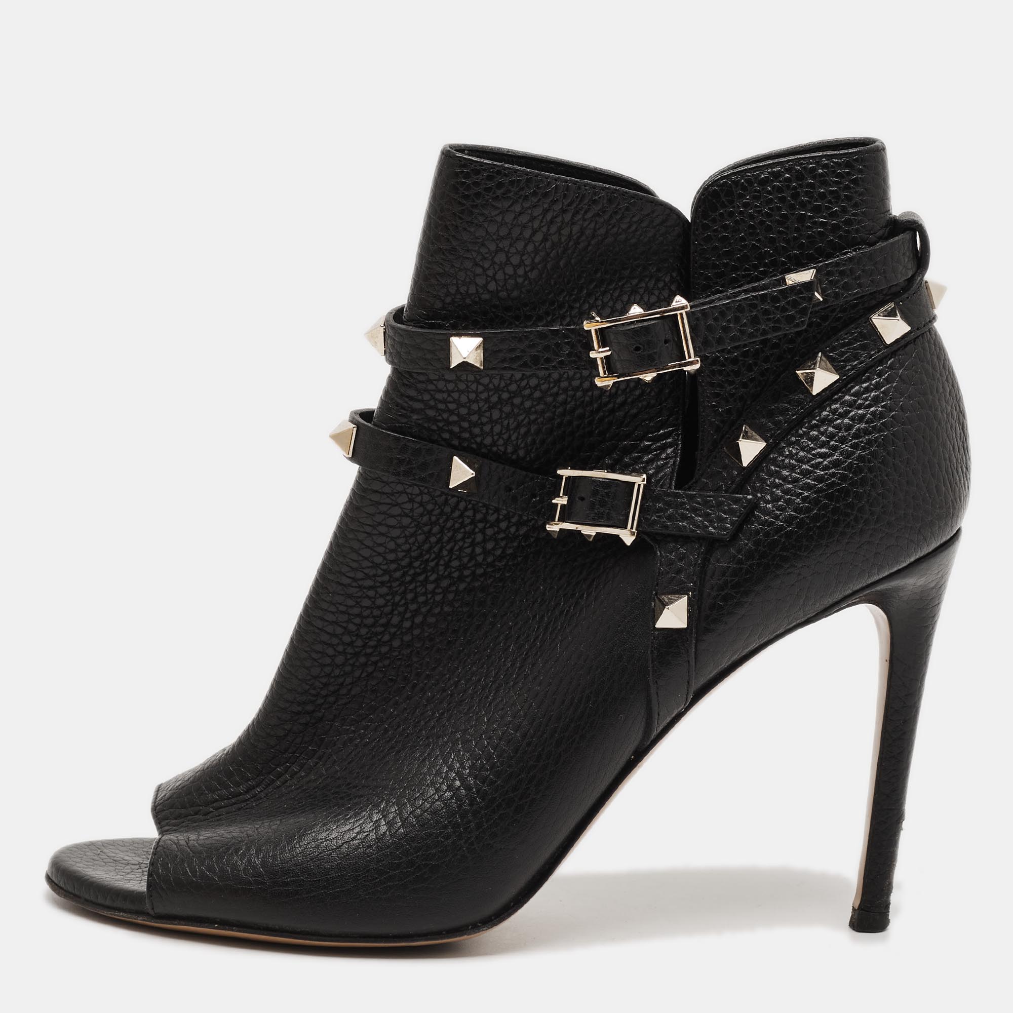 Valentino Size 38.5 Black Leather Rockstud Open Toe Ankle Length Boots