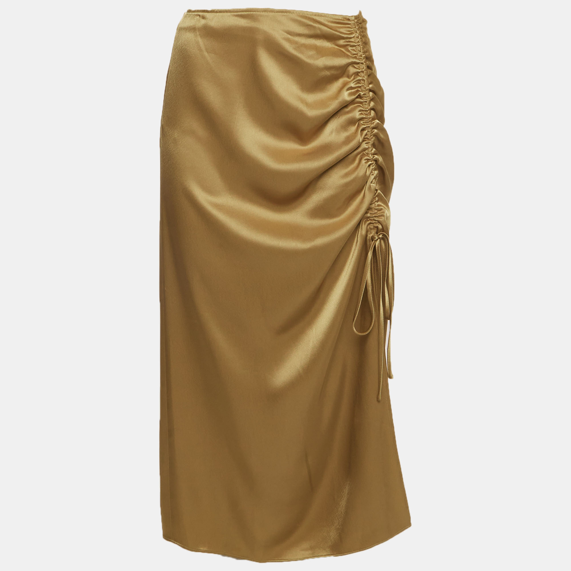 Polo Ralph Lauren Khaki Satin Ruched Slit Detail Midi Skirt S