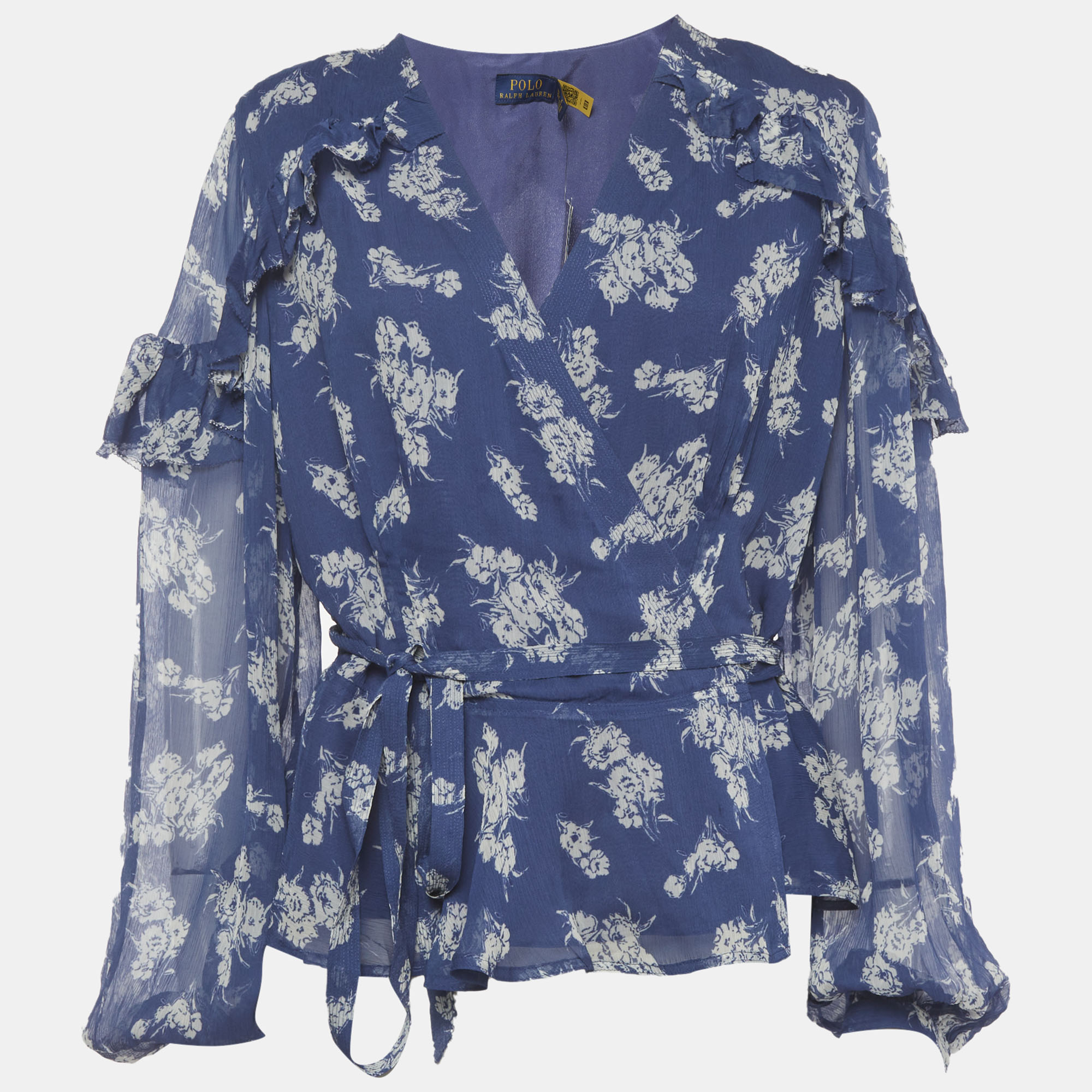 Polo Ralph Lauren Blue Floral Print Crepe Ruffled Blouse XL