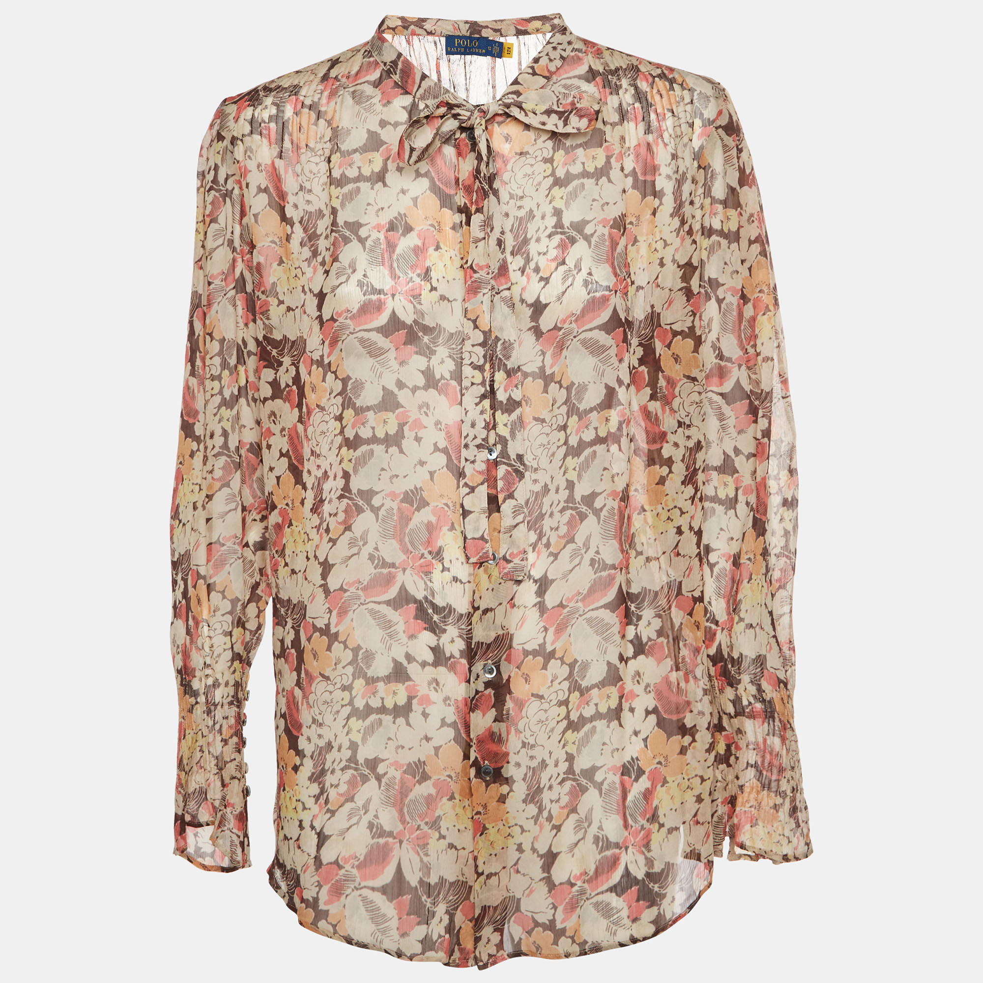 Polo Ralph Lauren Brown Floral Print Chiffon Blouse L