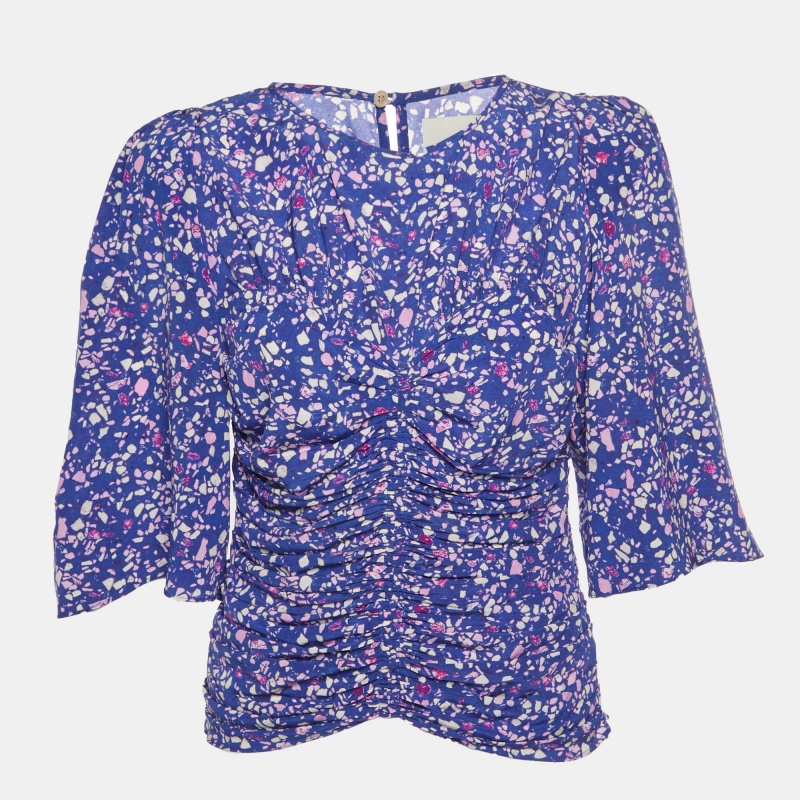 Isabel Marant Purple Speckle Print Silk Ruched Blouse M