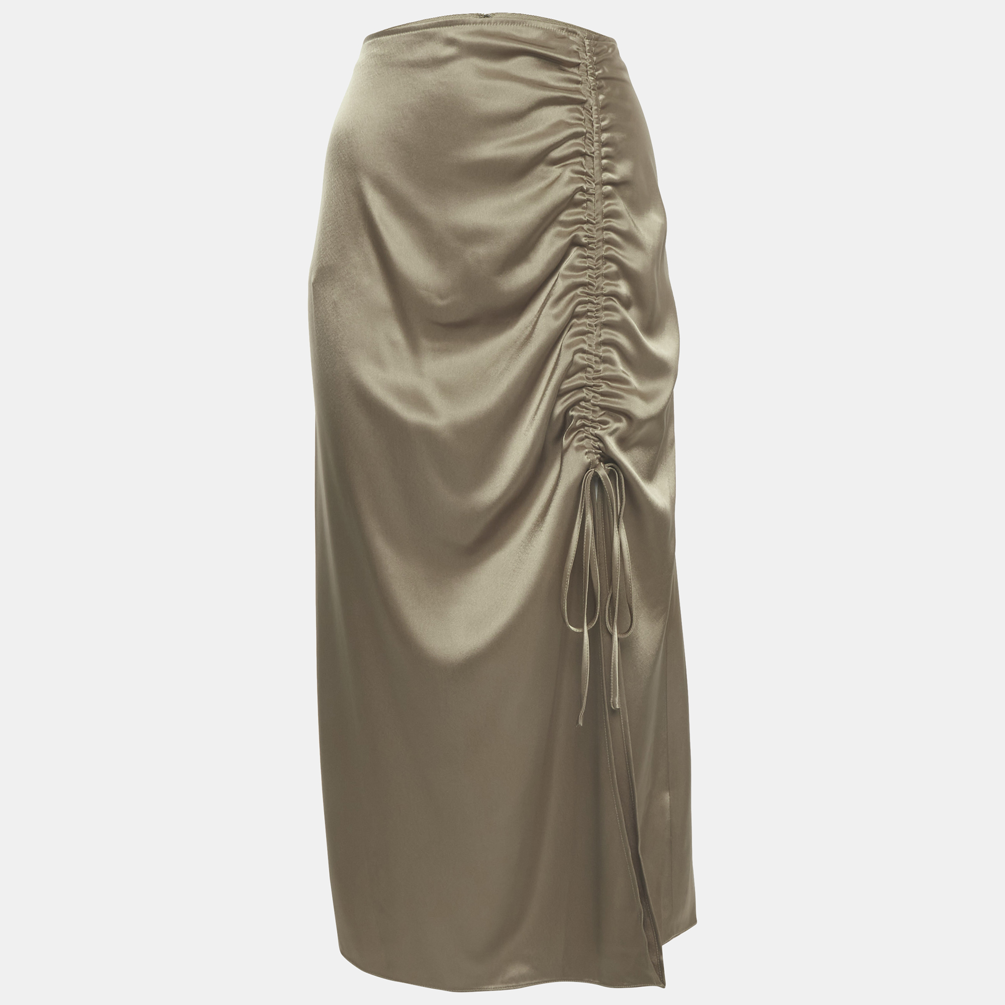 Polo Ralph Lauren Khaki Satin Ruche Midi Skirt M