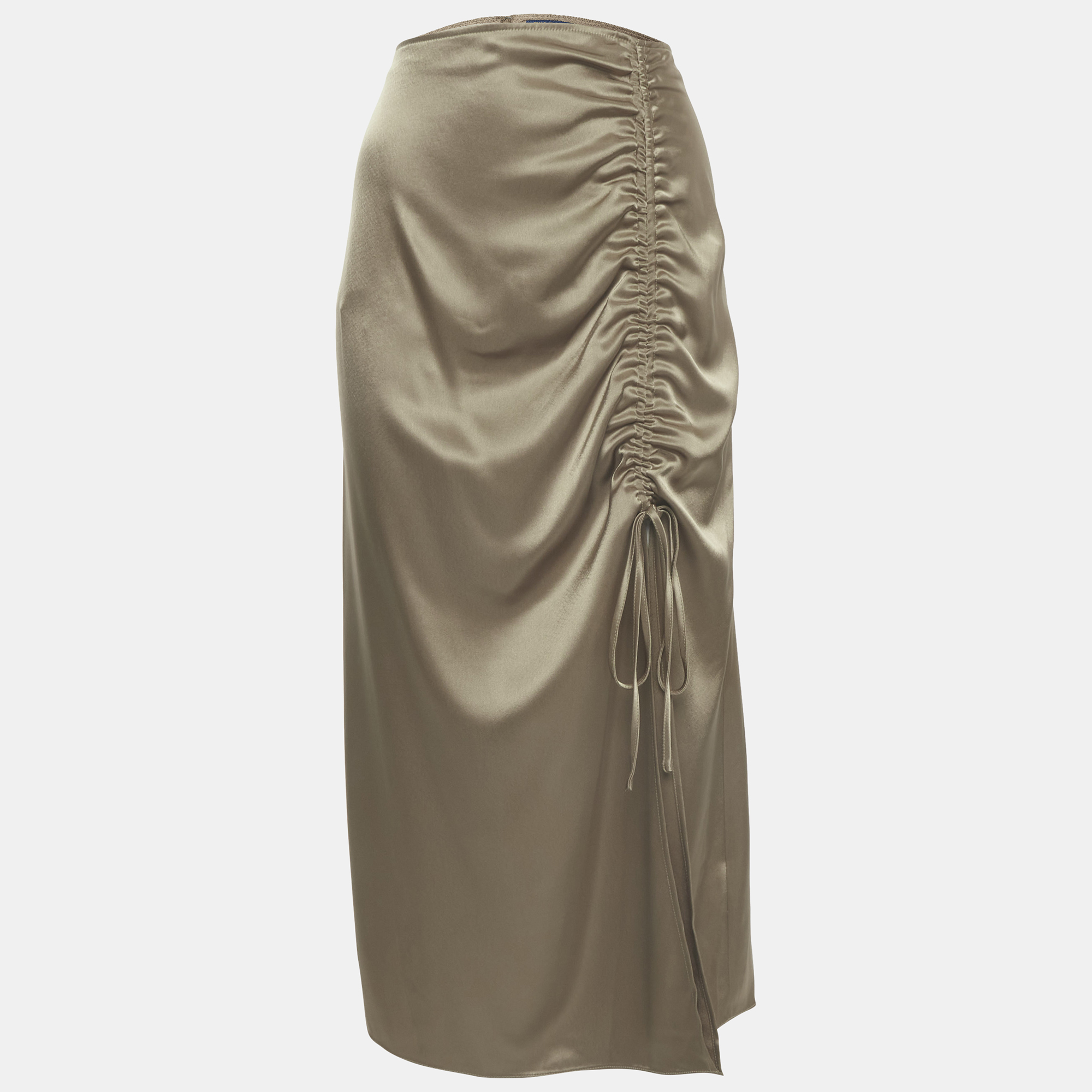 Polo Ralph Lauren Khaki Satin Ruche Midi Skirt L