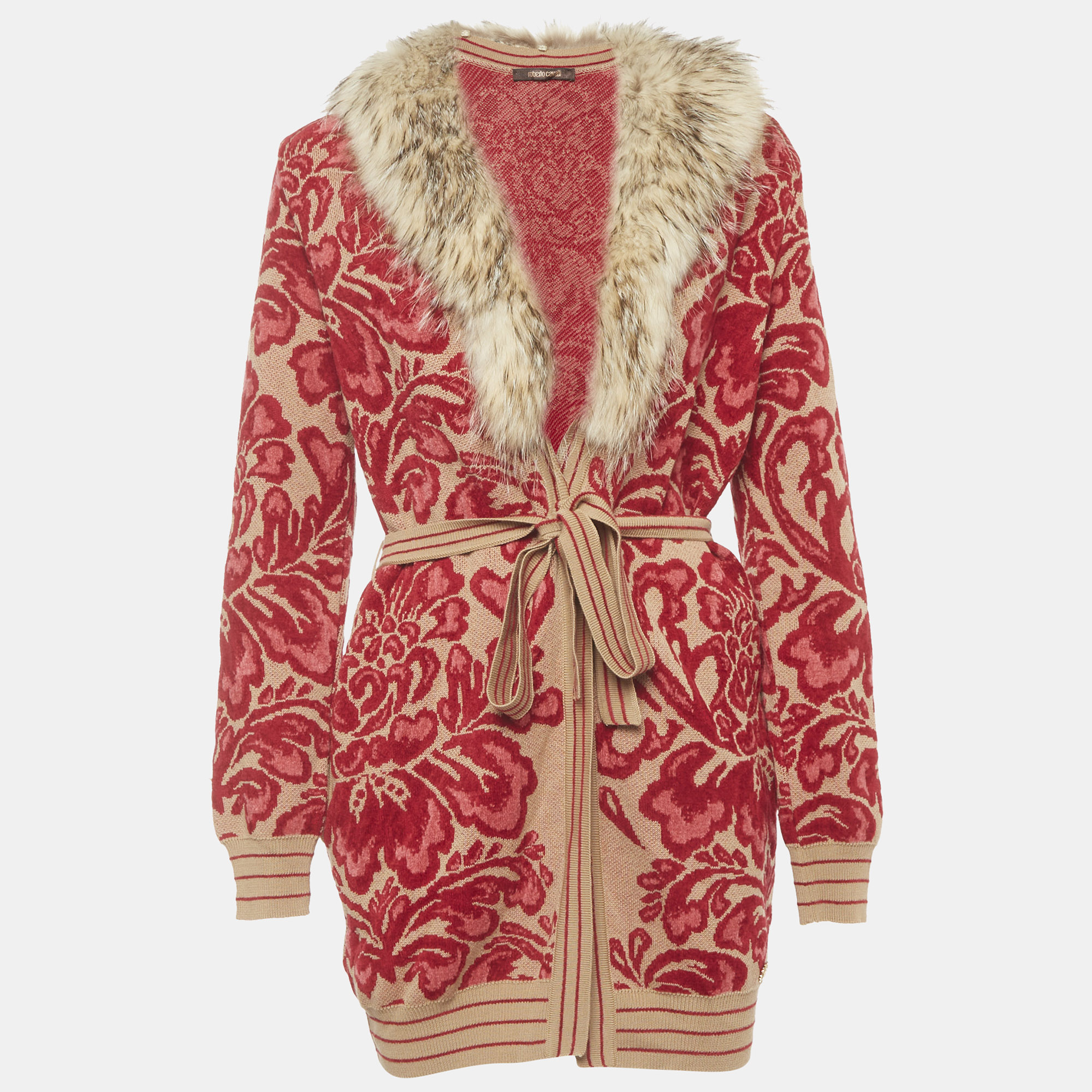 Roberto Cavalli Beige/Red Floral Jacquard Knit Fur Trim Cardigan M