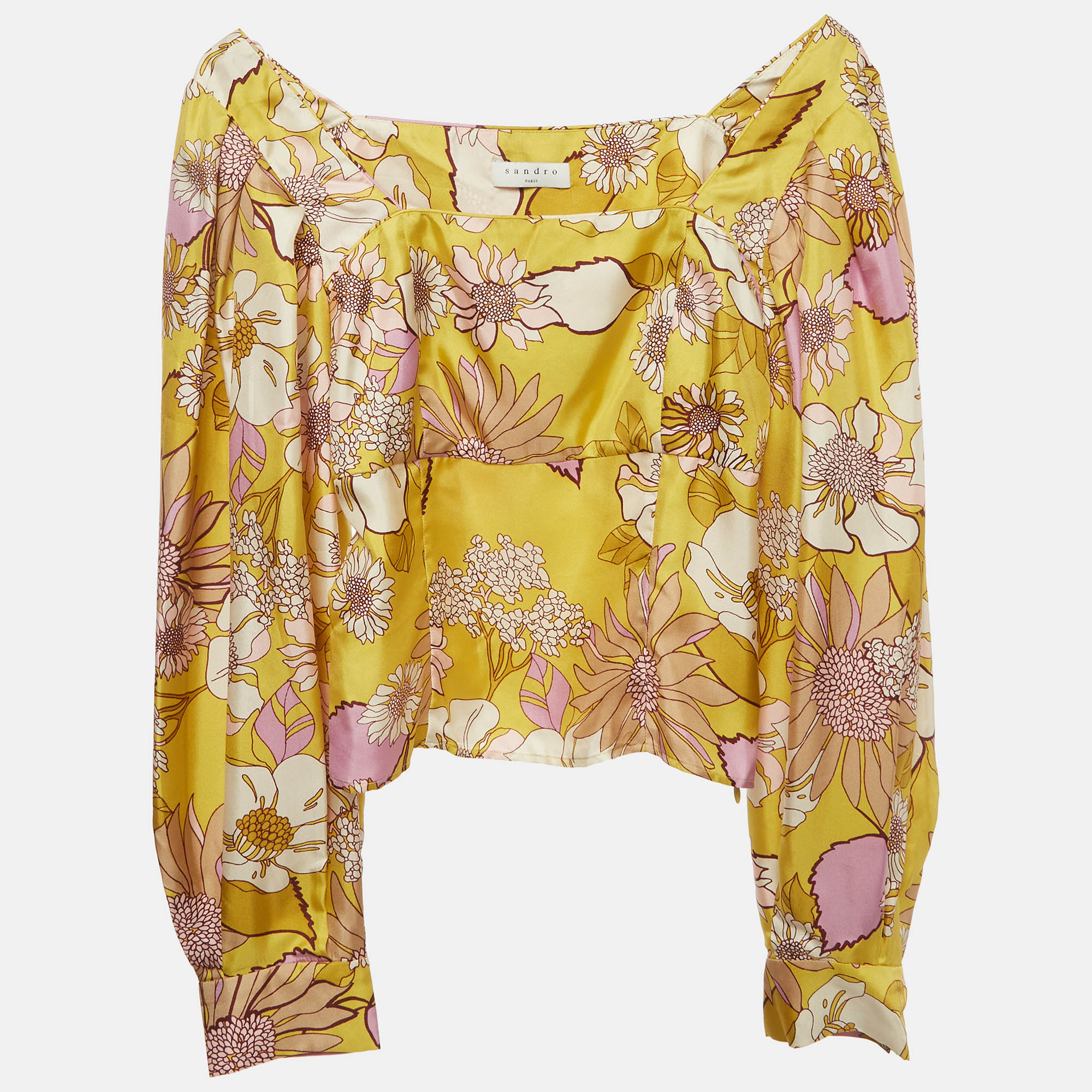 Sandro Yellow Floral Print Satin Square Neck Zip Up Blouse XS