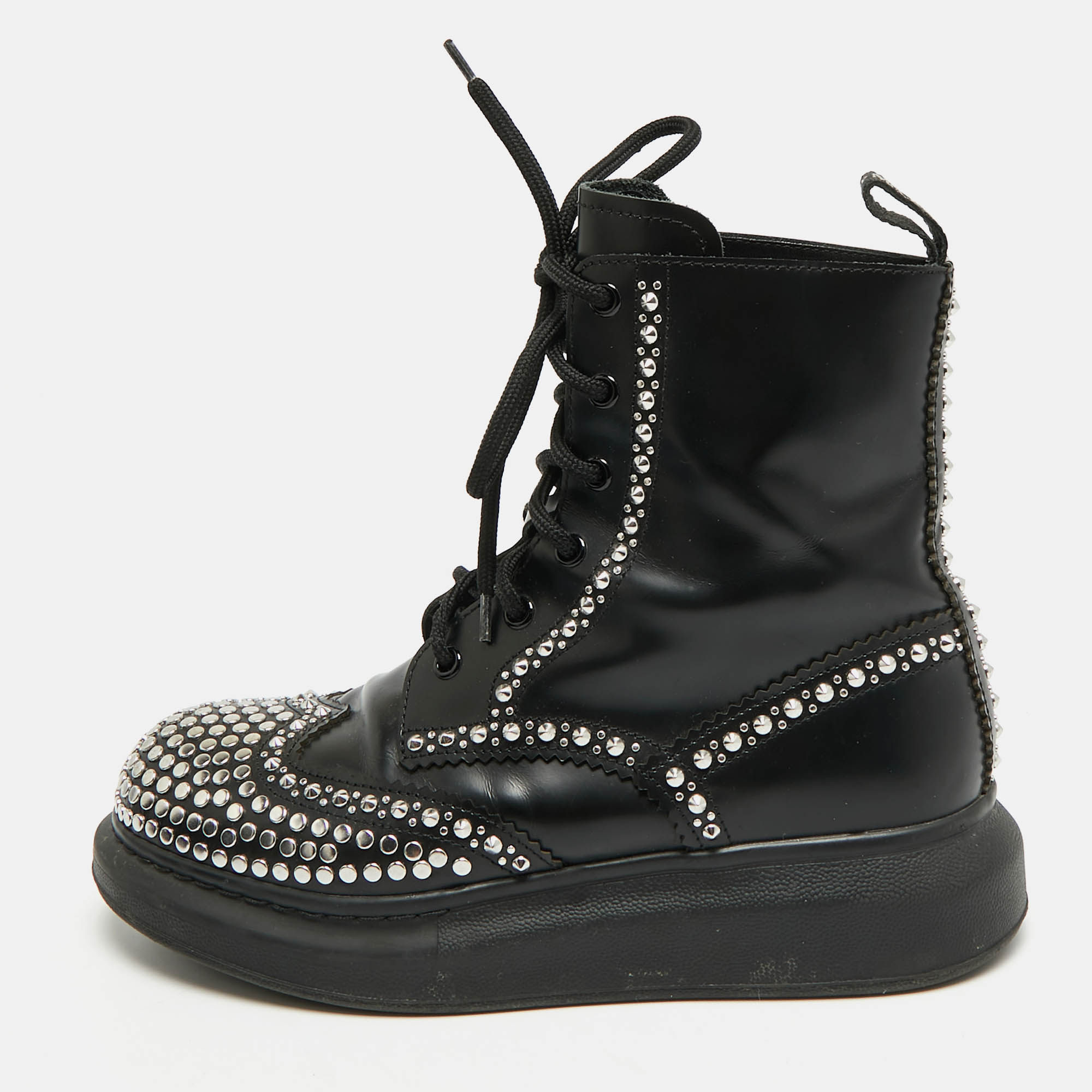 Alexander McQueen Size 37 Black Leather Studded Lace Up Ankle Length Boots
