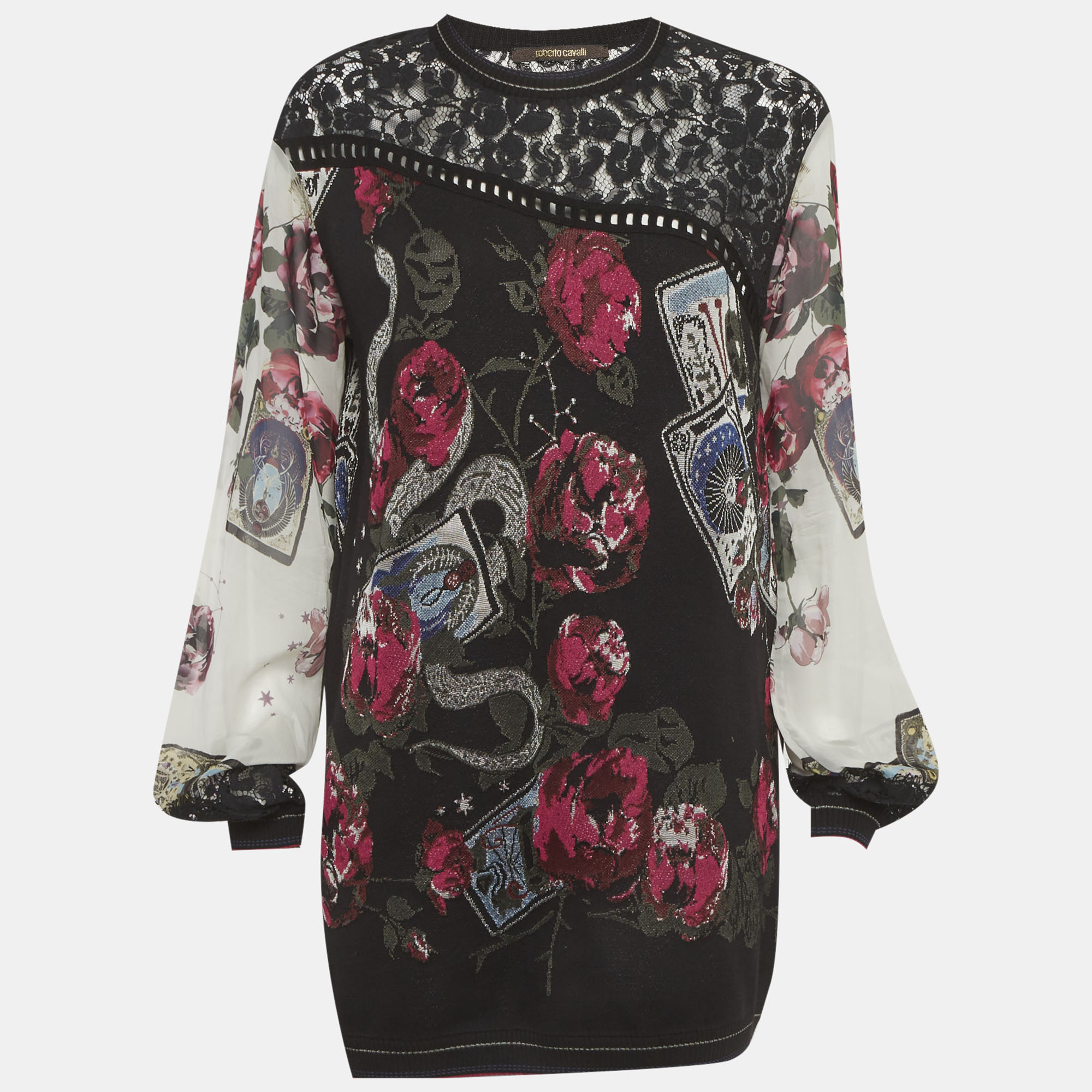 Roberto Cavalli Black Floral Knit and Lace Pullover M
