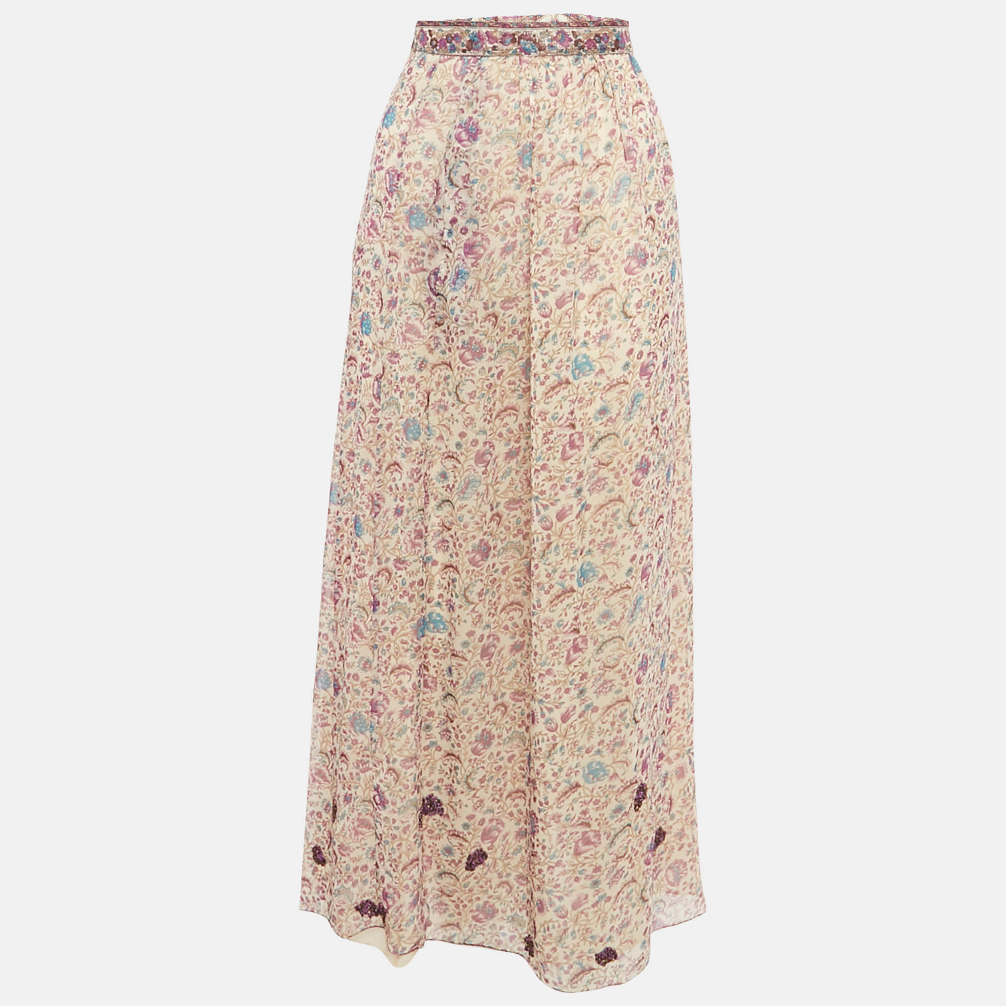 Zadig & Voltaire Purple Floral Printed Chiffon Embellished Detail Midi Skirt S