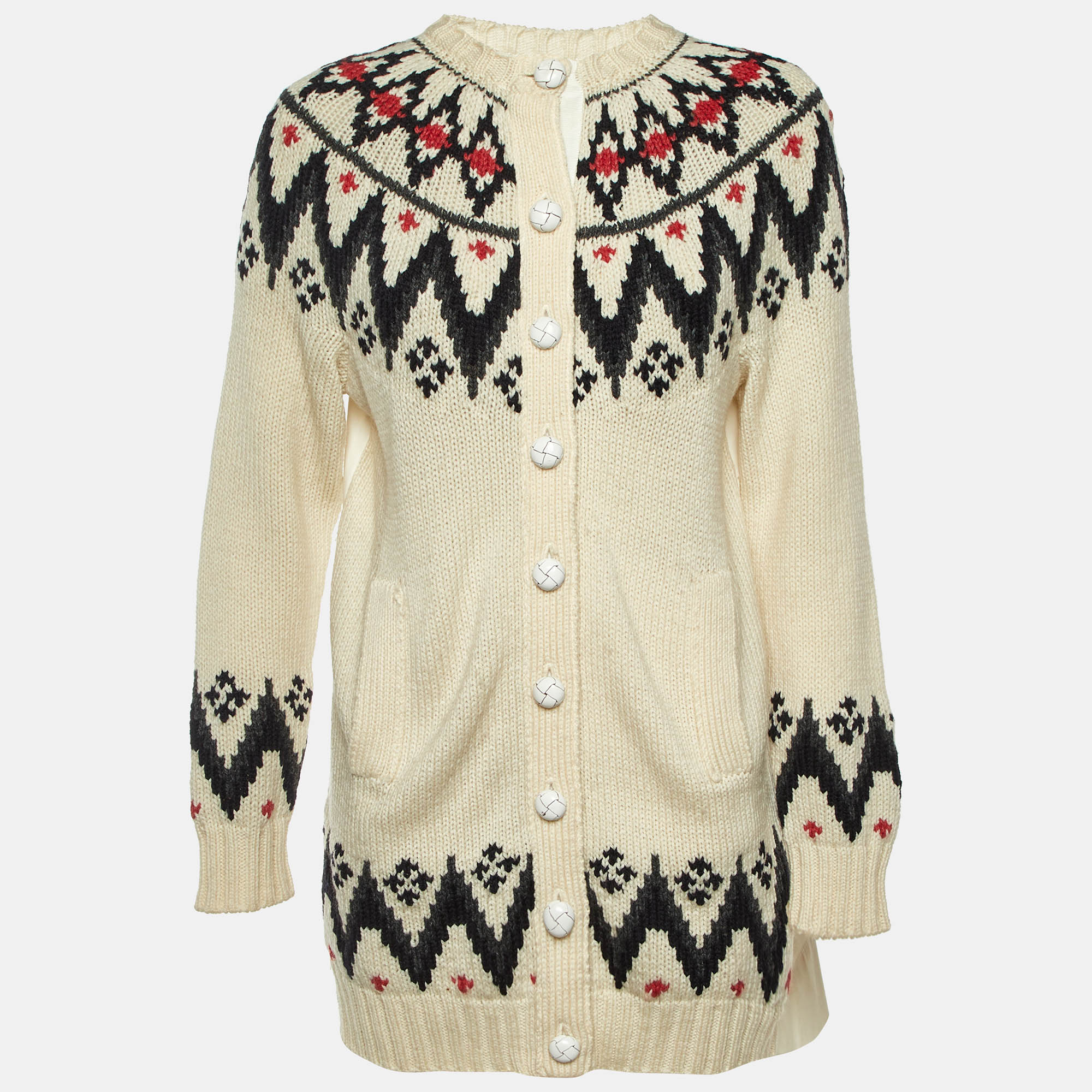 Sacai White Gabardine and Fair Isle Knit Cardigan S