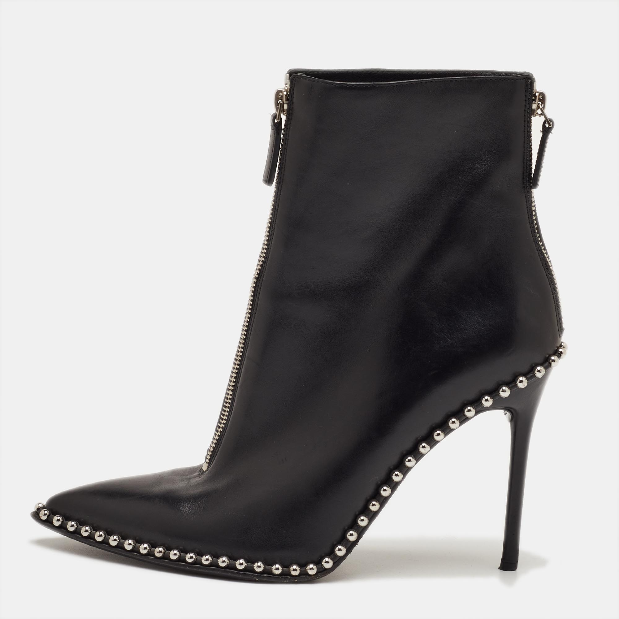 Alexander Wang Size 41 Black leather Studded Pointed Toe Ankle Length Boots