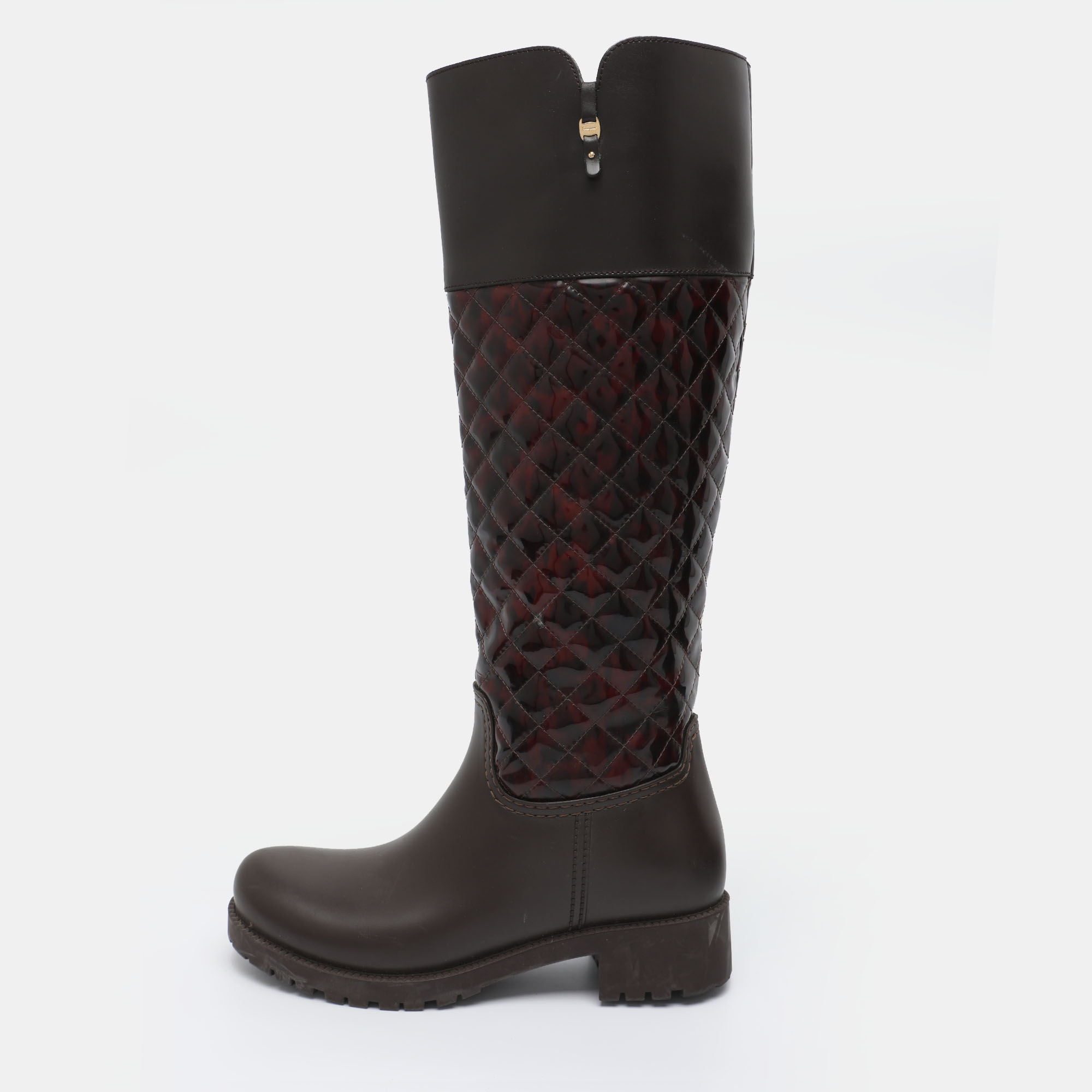 Salvatore Ferragamo Raphael Size 36.5 Brown Leather/Patent Leather and Rubber Rain Boots