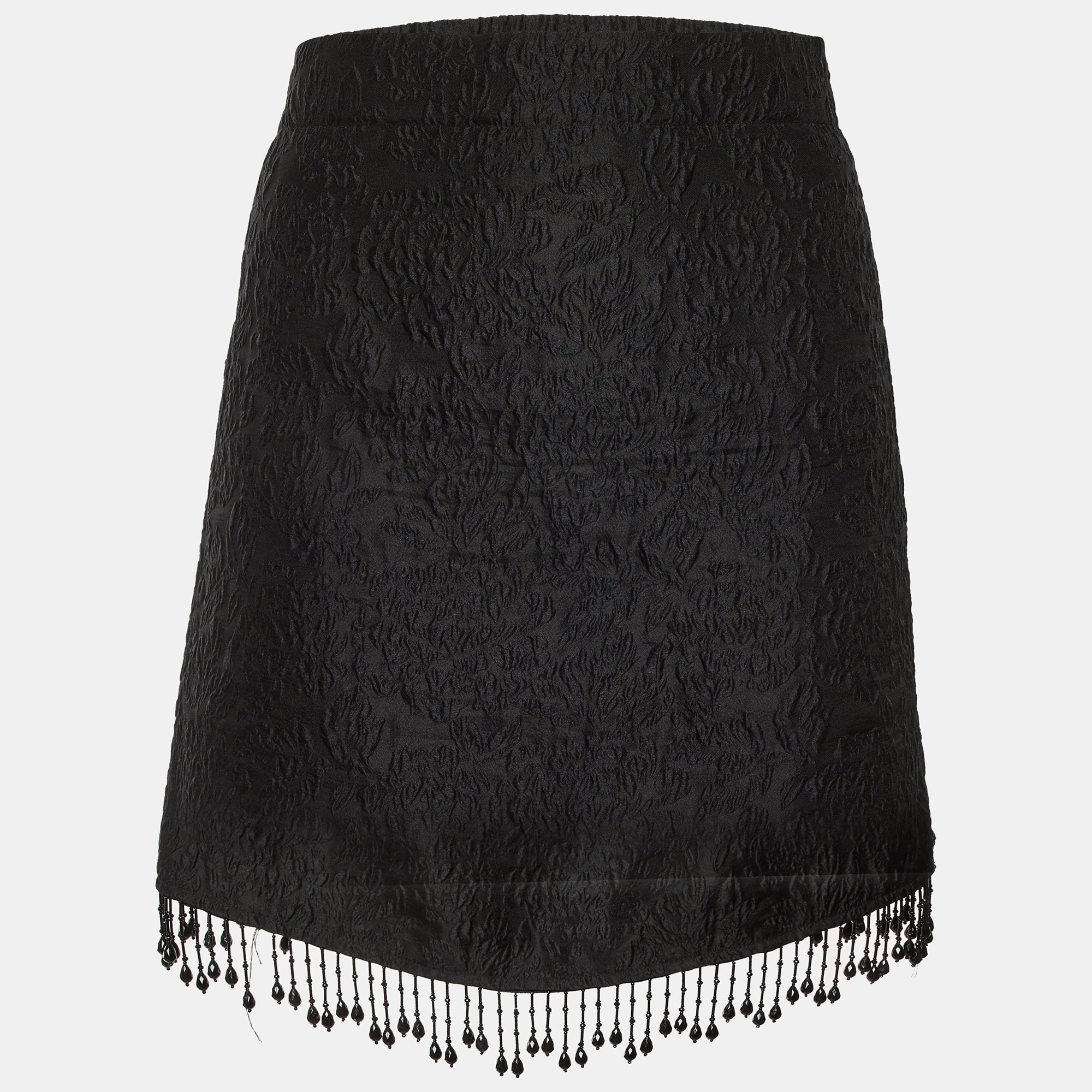 Ganni Black Jacquard Bead Fringed Mini Skirt L