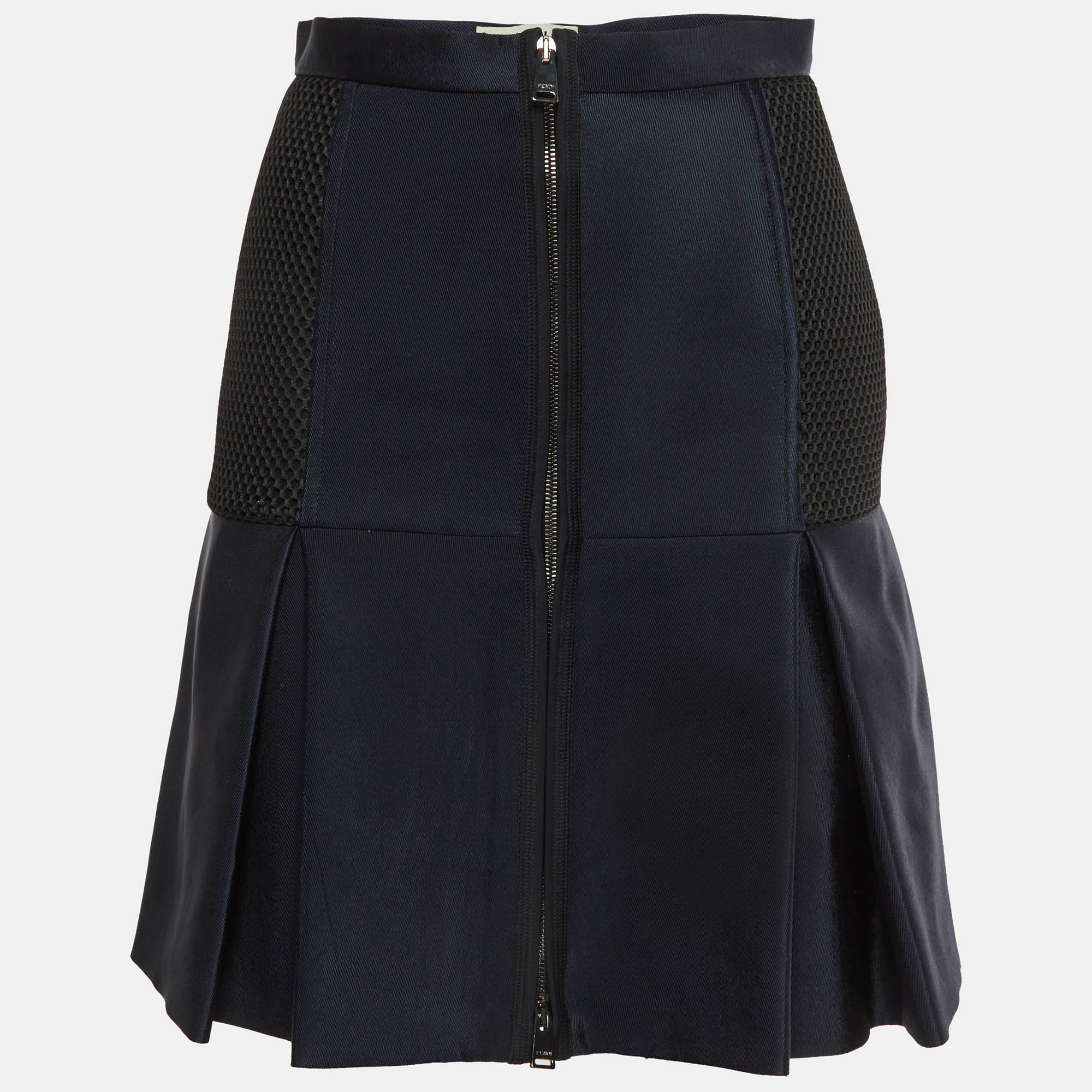 Fendi Navy Blue Garbadine N Mesh Pleated Mini Skirt S