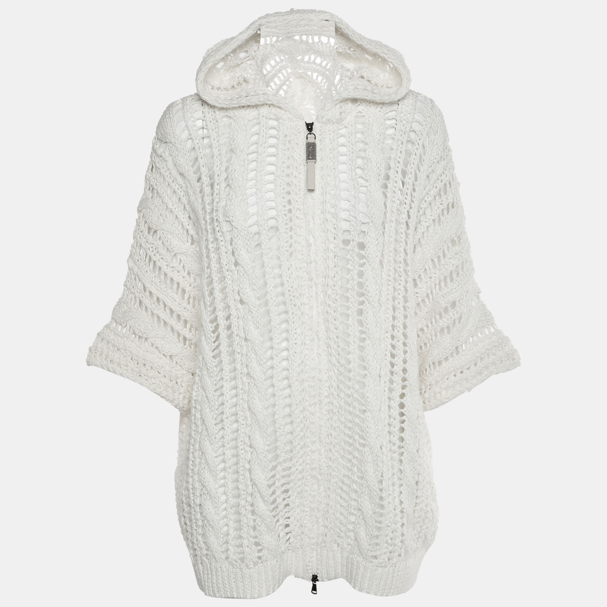 Brunello Cucinelli White Jute Crochet Moneli Detail Cardigan S