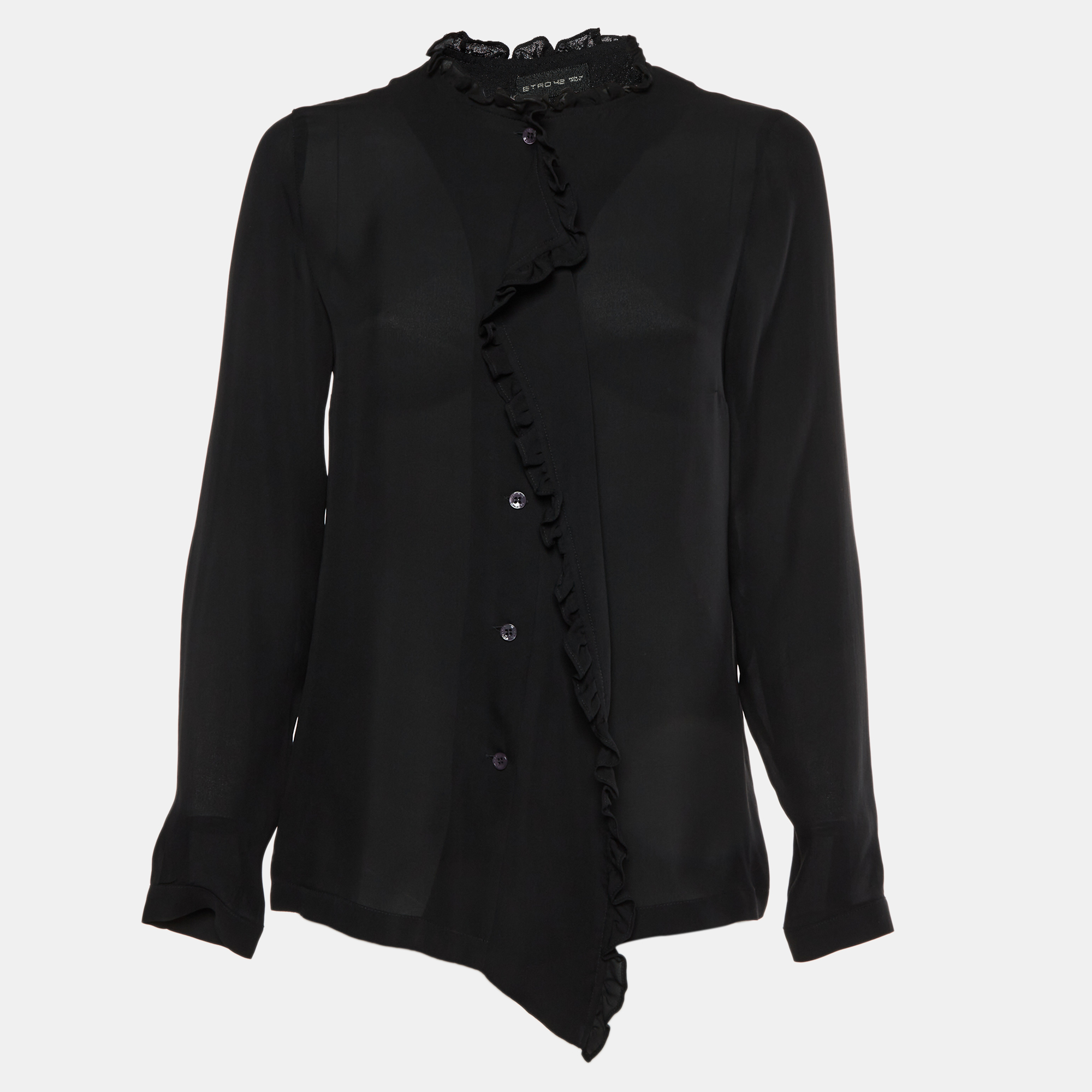 Etro Black Silk Chiffon Button Up Ruffle Blouse M