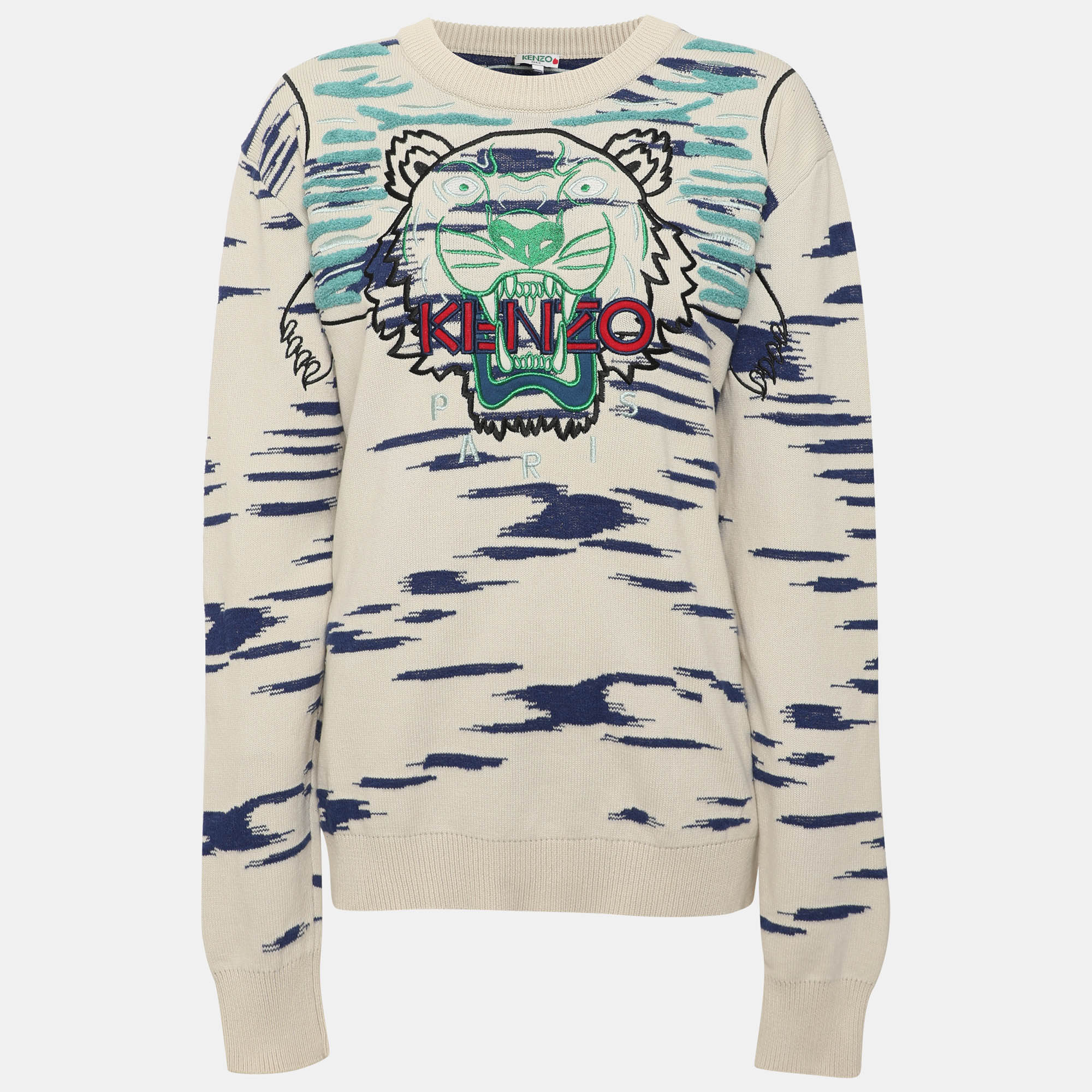 Kenzo Multicolor Rib Knit Claw Tiger Crew Neck Sweater O/S