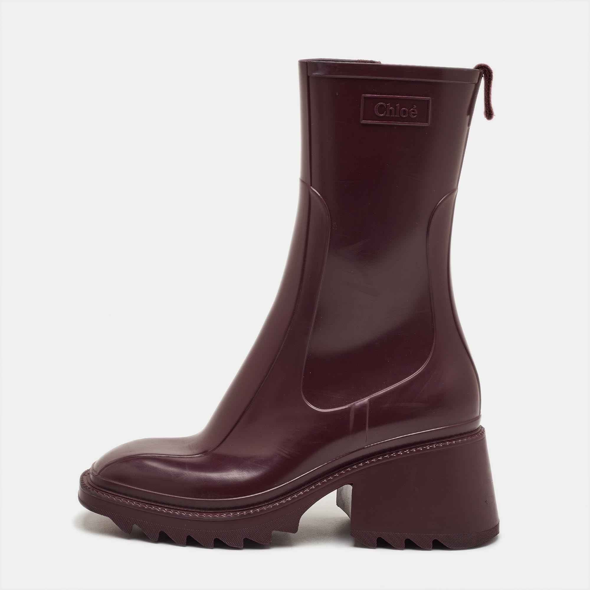 Chloe Betty Size 37 Burgundy Rubber Platform Block Heel Rain Boots